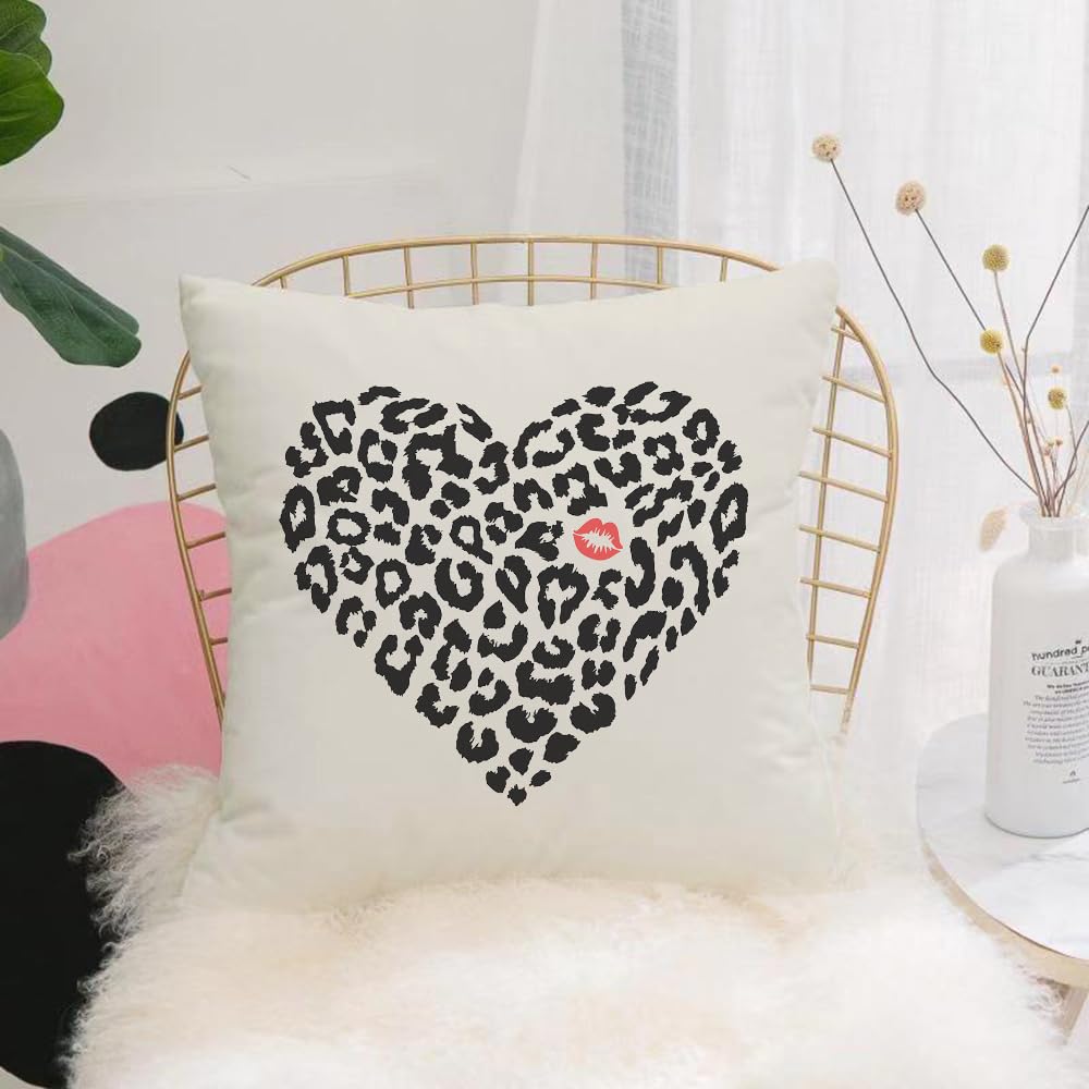 HYOSXW Cushion Cover,Throw Pillow Case Home Decorative for Living Room Bedroom Sofa Chair 16X16 Inch,Kiss, Heart Shape Wild Leopard Skin Pattern and a Ki,Pillowcase 40X40cm