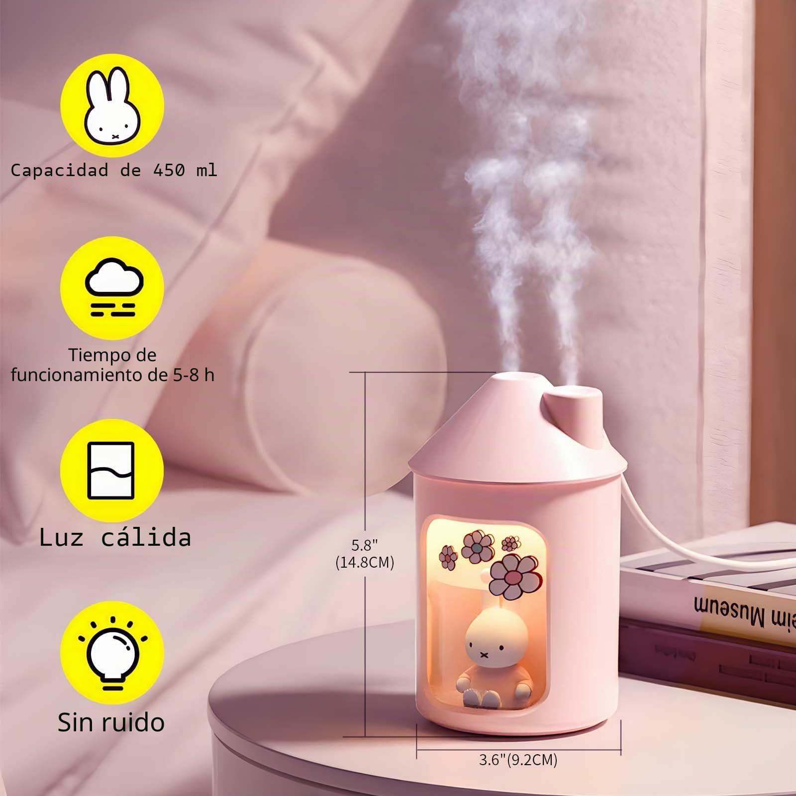 Mipow x miffy BTA700M Humidificador de niebla fría para dormitorio, humidificador ultrasónico silencioso con luz nocturna, humidificadores de doble pulverización de 450 ml para guardería, oficina