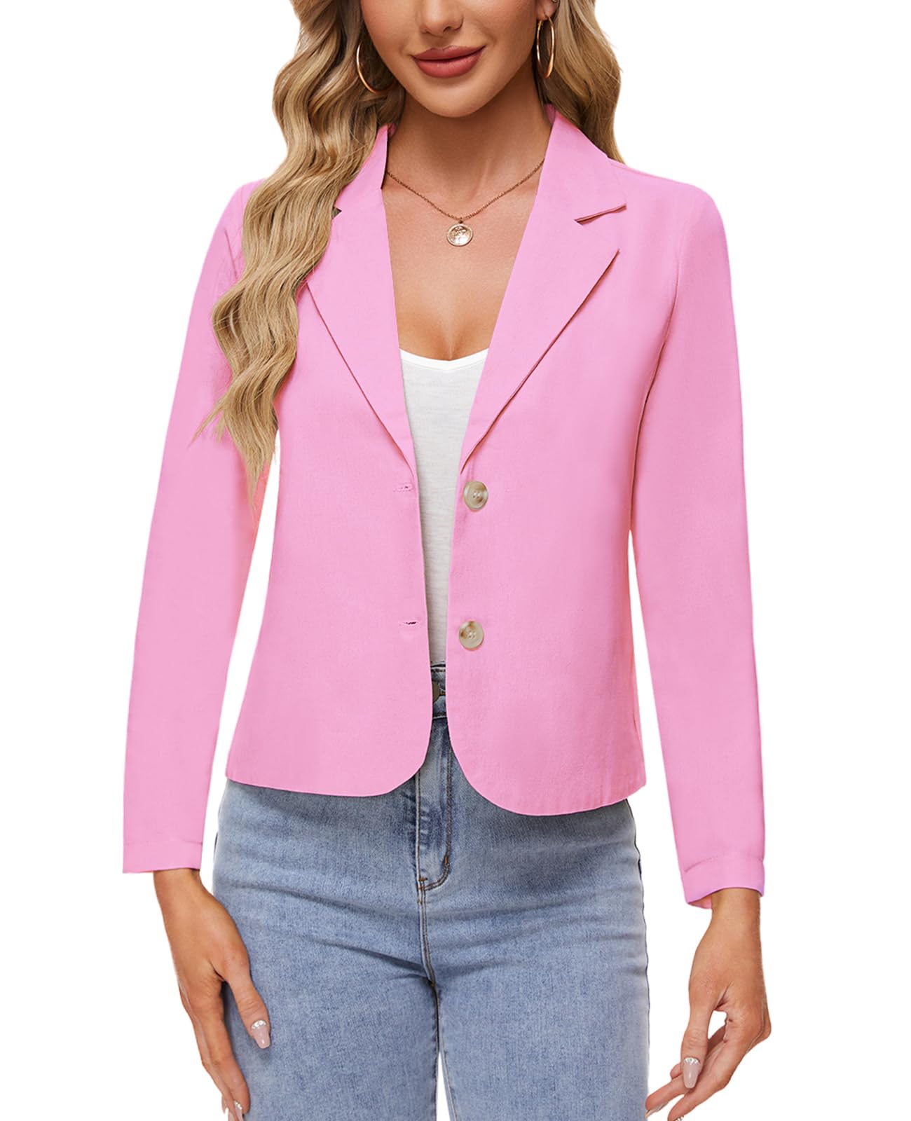 MINTLIMIT Womens Linen Blazers Lapel Button Casual Long Sleeve Lightweight Work Office Suit Jackets Blazer Pink L
