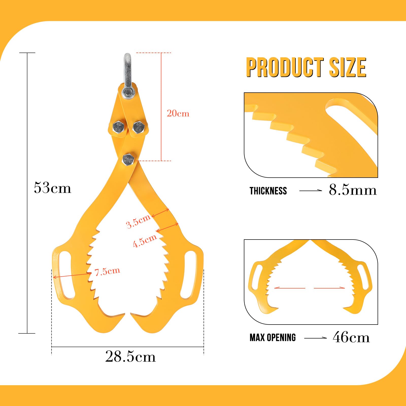 SWAWIS Pinza Forestale per Legna e Tronchi in Acciaio Legato, Pinze per Sollevamento di Tronchi Fino a 460mm, Capacità di Carico: 800 kg, Aggrappatore per Legname per Impieghi Gravosi(Giallo)
