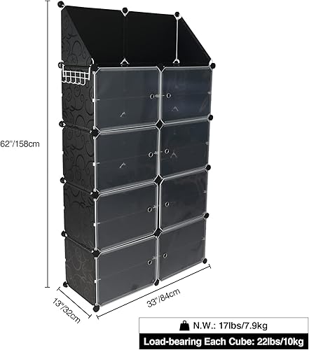 Miniatura 3 de Zapatero portátil con puertas y ganchos, 48 pares de 8 niveles apilable de plástico para zapatos, zapatero cerrado independiente de 12 cubos para