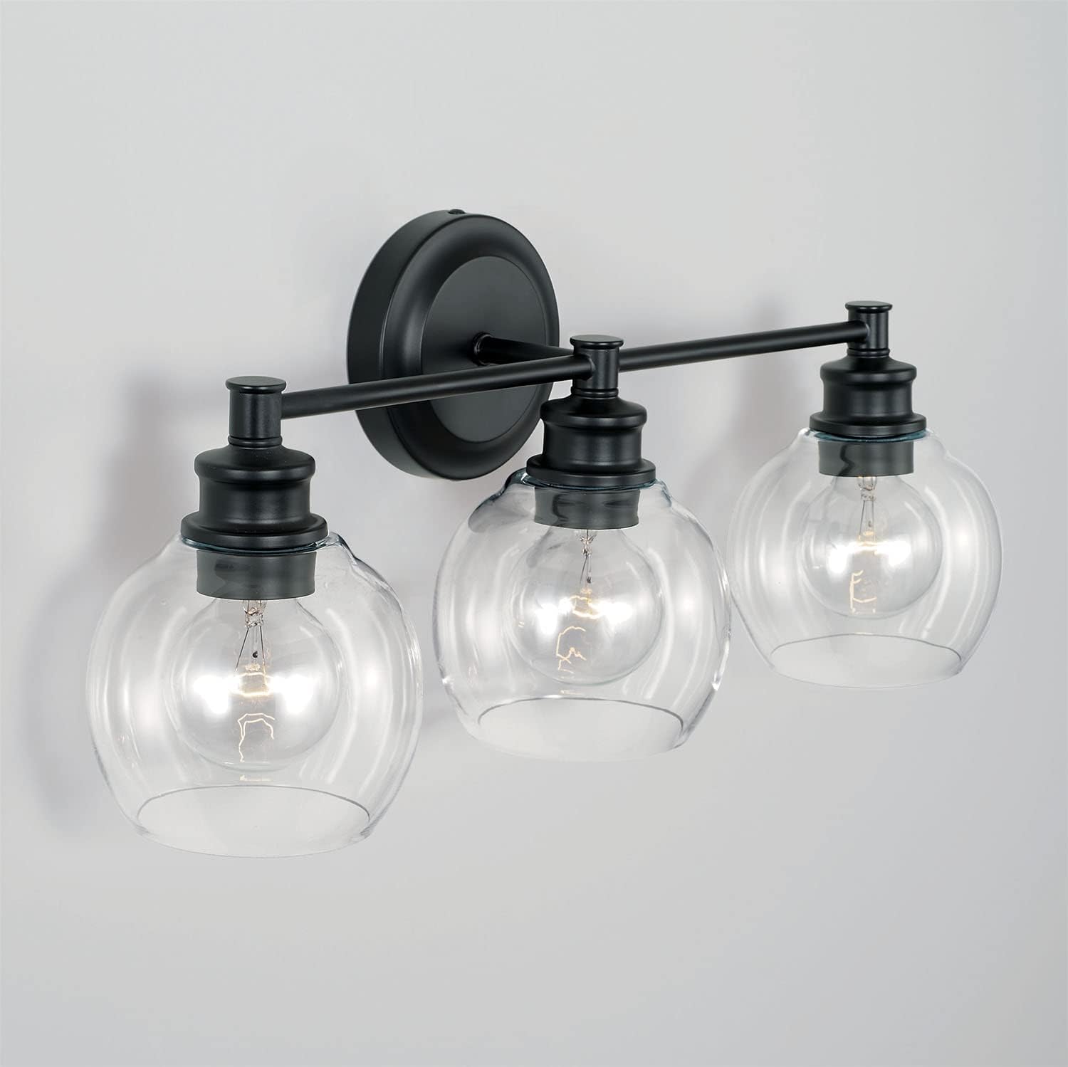 Capital Lighting 121131MB-426 Mid Century Modern Clear Glass Bath Vanity Wall Mount, 3-Light 300 Total Watts, 10" H x 24" W, Matte Black