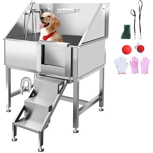 38 Inch Professional Dog Wash Station, Stainless Steel Dog Grooming Tub for Large, Medium & Small Pets - with Anti-Slip Stairs, Drain & Door, Silver