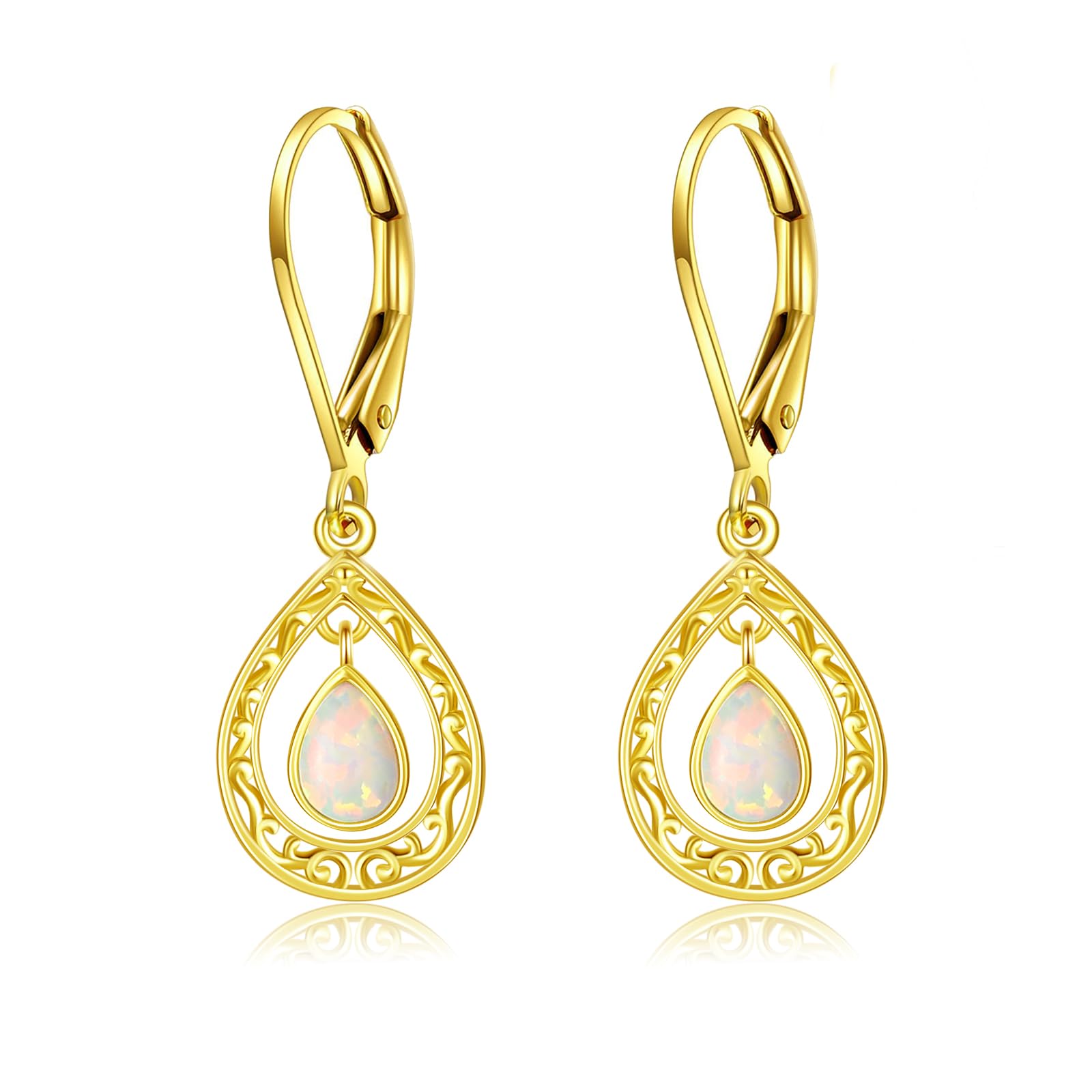 14K Solid Gold Filigree Teardrop Dangle Earrings for Women,14kt Real Gold Filigree Leverback Dangle Drop Earrings Jewelry Gifts for Wife Mom Birthday