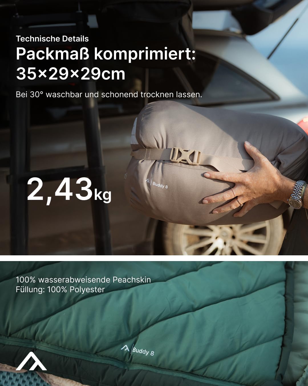 qeedo Buddy 8 Schlafsack Outdoor Sommer (8-25°C) 3 Jahreszeiten - Mumienschlafsack Erwachsene & Jugendliche (bis 200cm), kompakt & leicht, Peach-Skin-Oberfläche