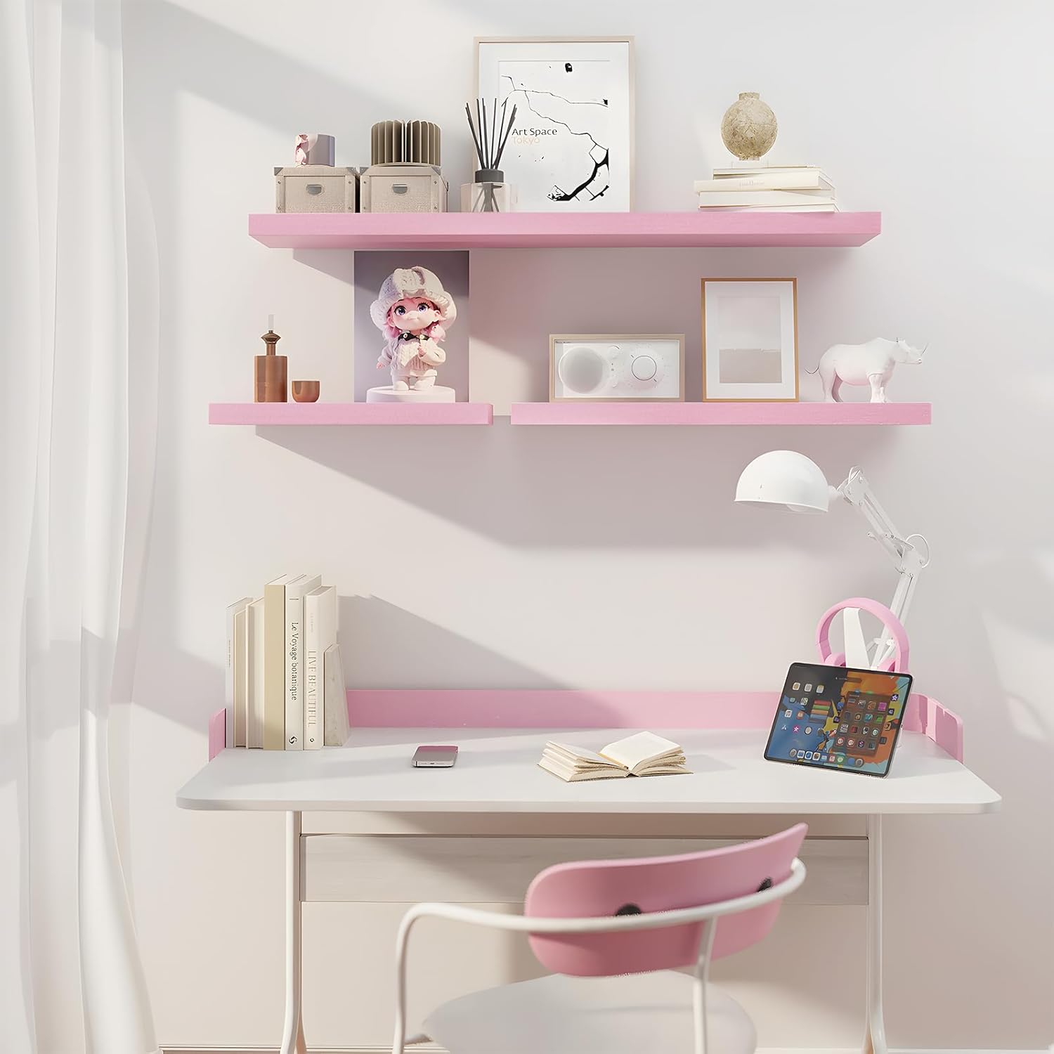 saumonieres floating wall shelves for bedroom bathroom wall mounted solid wood shelf 24 inch set of 3, pink floating shelves pink 24 inch-3 shelves