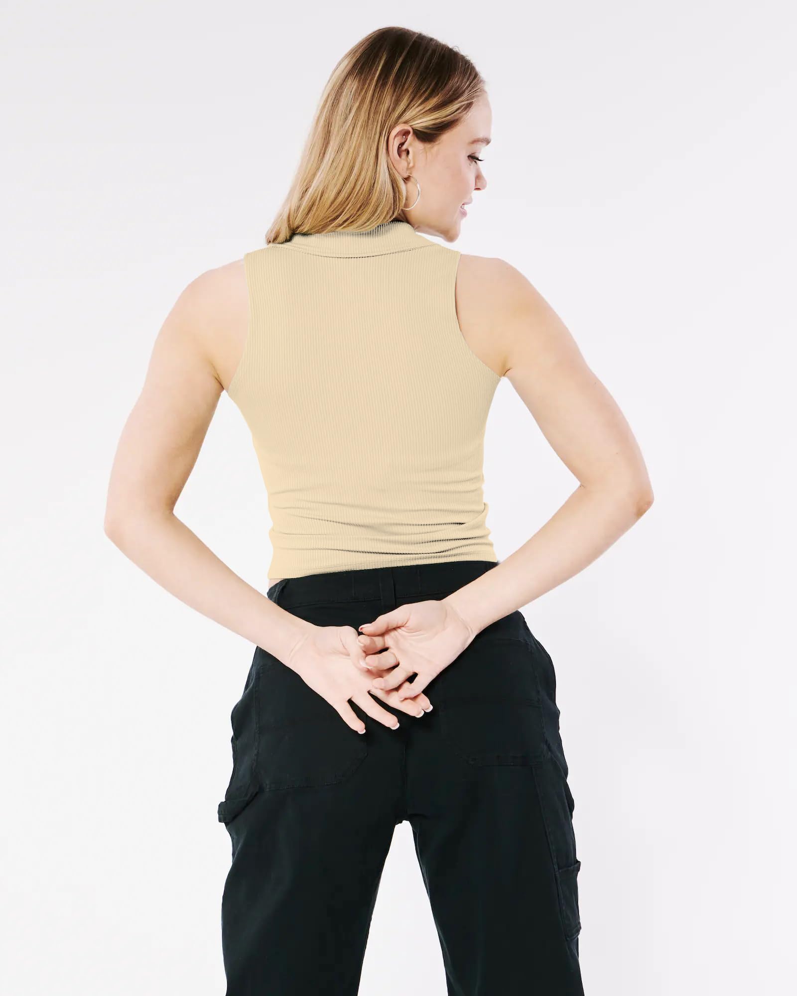 Sugathari Donne & Ragazze Solido Costine Scollo a V Senza Maniche Crop Top per Donna (Top 49)