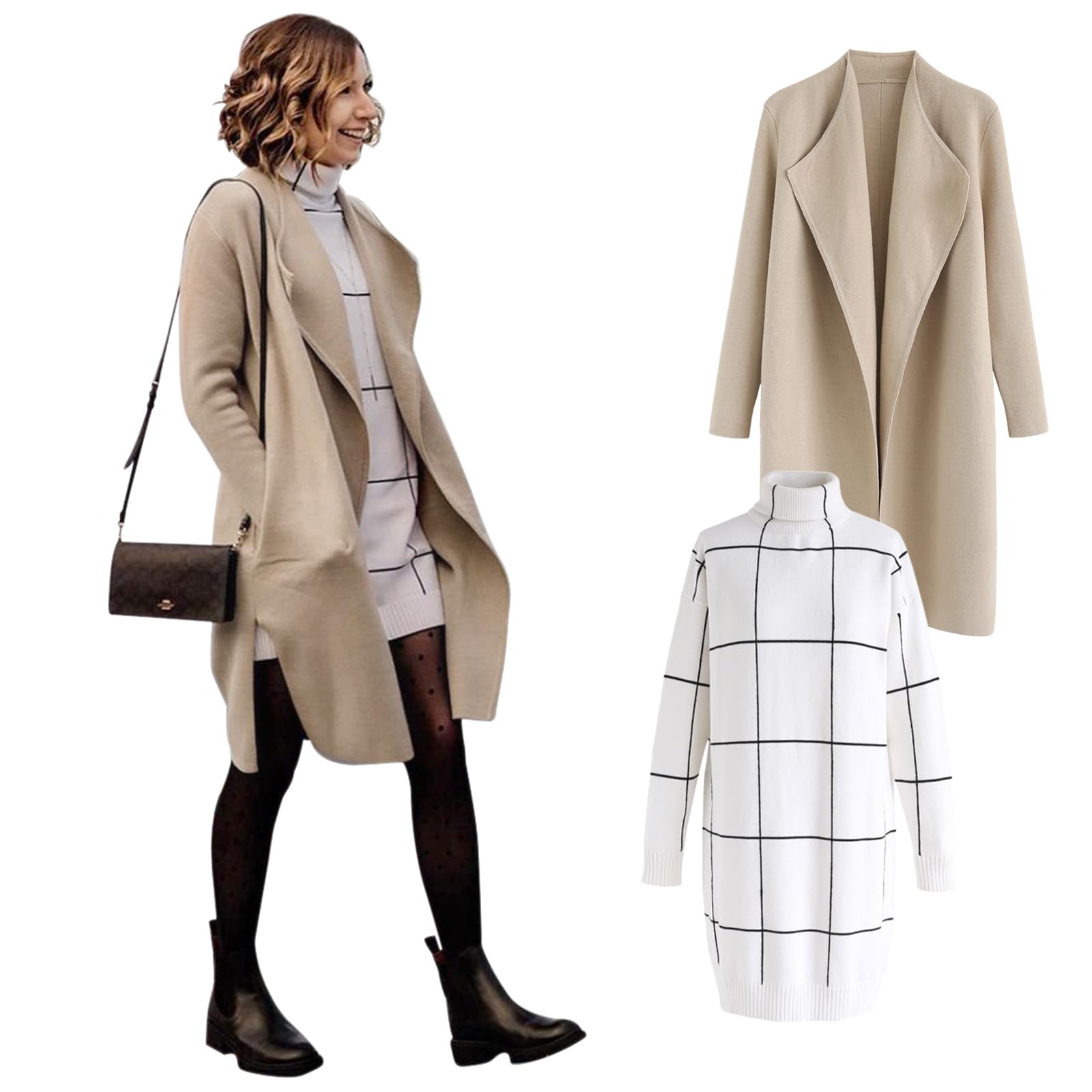 CHICWISH Womens Classy Light Tan Open Front Knit Coat and Grid Turtleneck Sweater Dress Size M-L