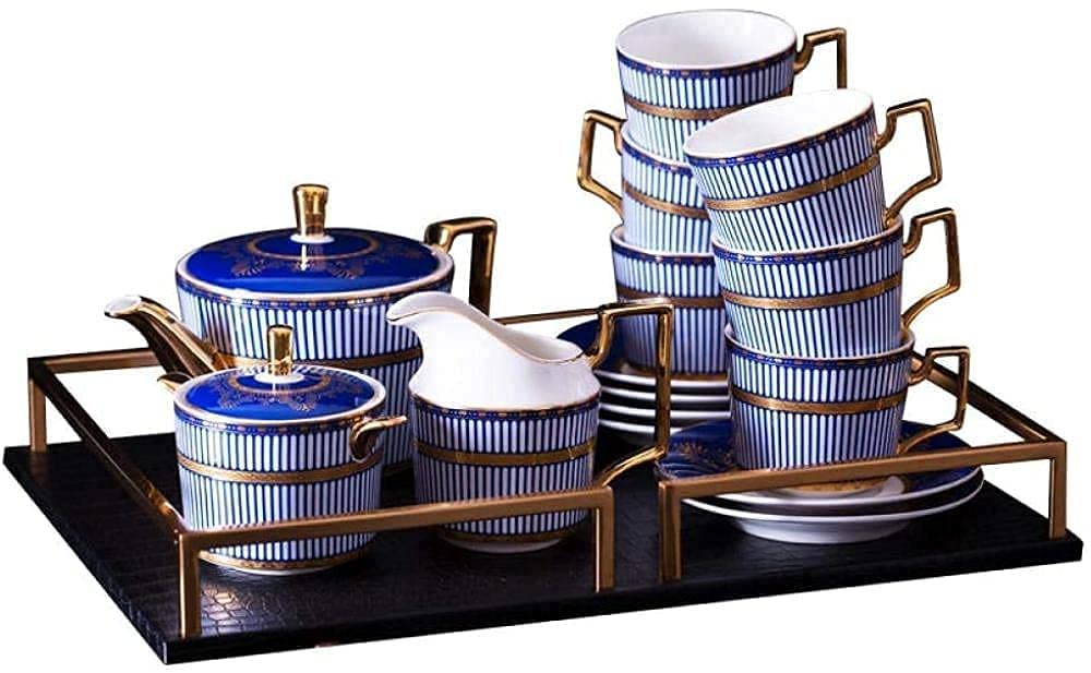 Sjdopulse Blue/Gold Court Style Teapot Japanese, European Coffee Cup Set Simple Chinese And English Afternoon Tea Set Home Embossed Tea Set