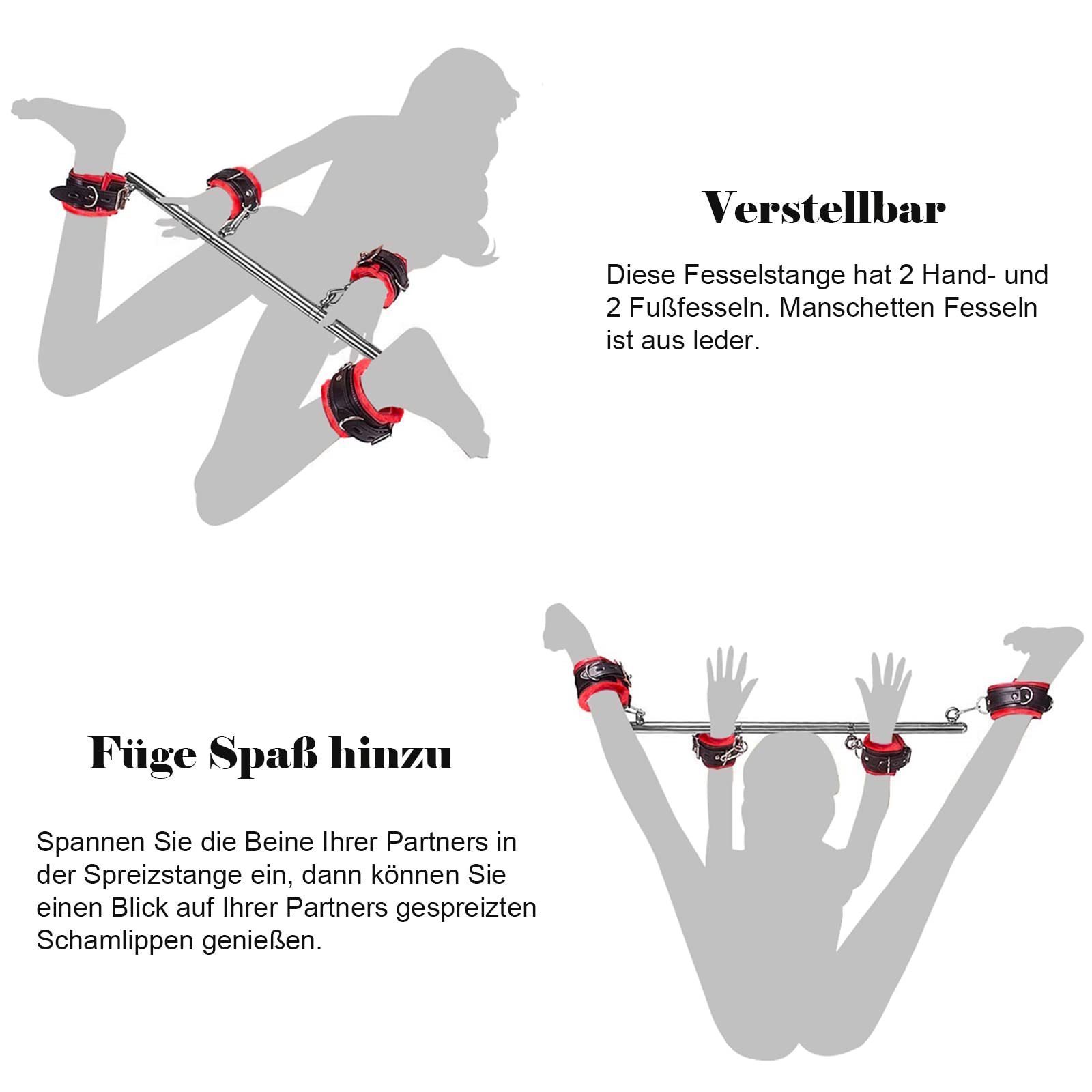 60CM ensemble de bondage barre d'expansion BDSM sex toy, barres de retenue de bondage en acier inoxydable avec menottes à la cheville, système de retenue de jambe à posture forcée