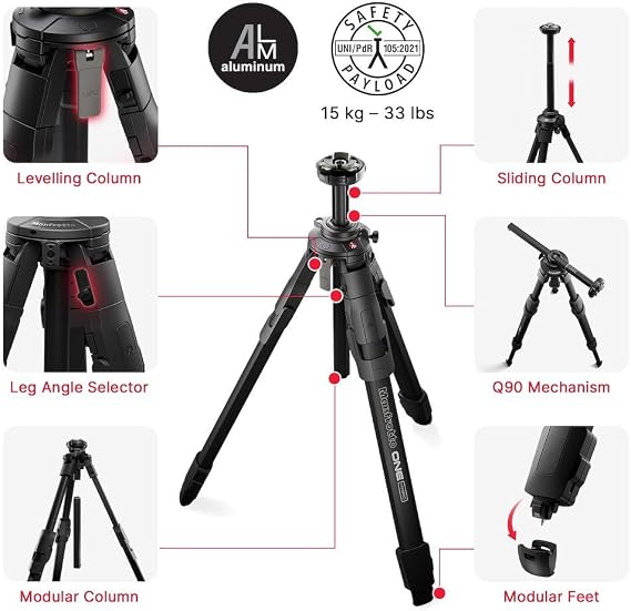 Manfrotto ONE Hybrid Aluminum Tripod Photo & Video Tripod System, Supports up to 33lbs, Leveling Column, 90 Horizontal Column, Quick Release, Lightweight Support for DSLR & Mirrorless Cameras | 15 Kg Payload, Q90 90 Degree Horizontal Column, Levelling Column, Xchange Quick-Release, (33 Lb)