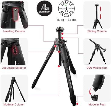 Manfrotto ONE Hybrid Aluminum Tripod Photo & Video Tripod System, Supports up to 33lbs, Leveling Column, 90 Horizontal Column, Quick Release, Lightweight Support for DSLR & Mirrorless Cameras | 15 Kg Payload, Q90 90 Degree Horizontal Column, Levelling Column, Xchange Quick-Release, (33 Lb)
