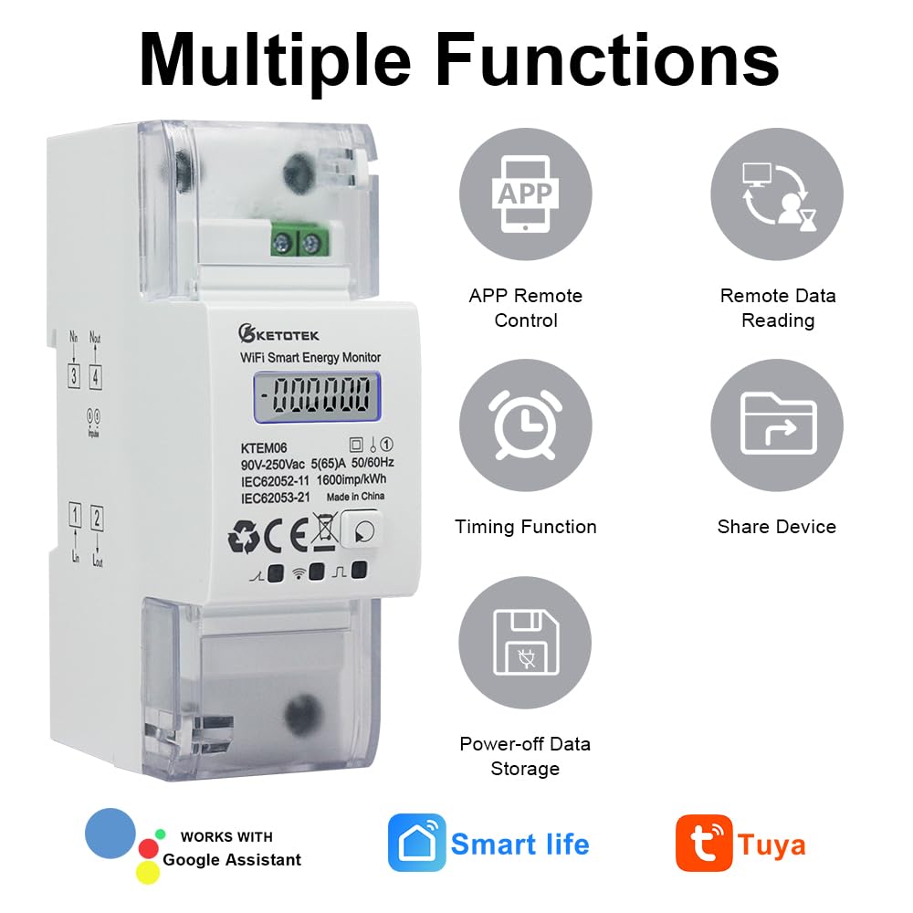 KETOTEK Smart Stromzähler Hutschiene WLAN 1 Phasen Strommessgerät AC 5(65) A 90-250V Digitaler LCD Fernbedienung Din Rail Wechselstromzähler von Smart Life/Tuya App