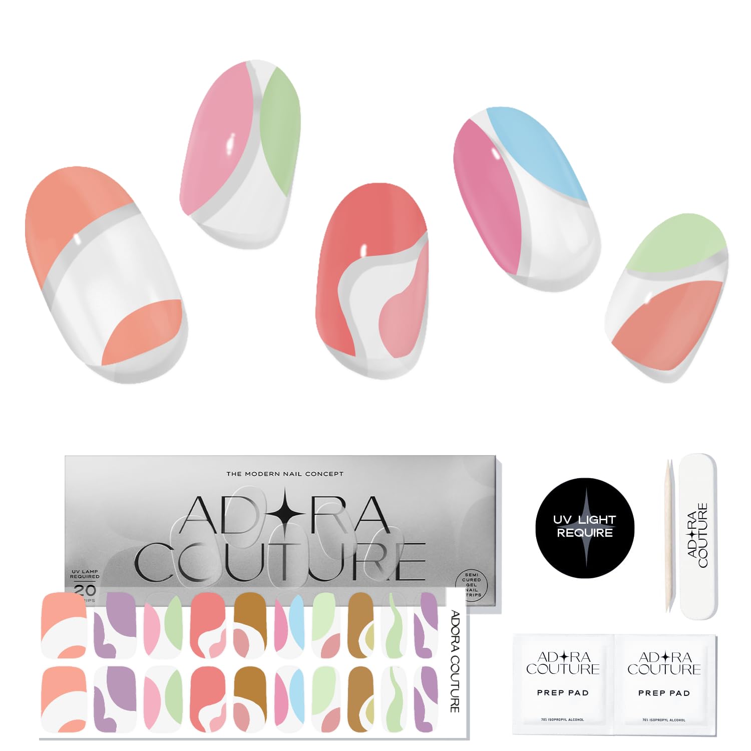 Adora Couture Semi Cured Gel Nail Strips with 20 Pieces, Salon Quality Nail Wraps for Women, Colorful UV Gel Nail Stickers, UV Light Required, Summer Fun