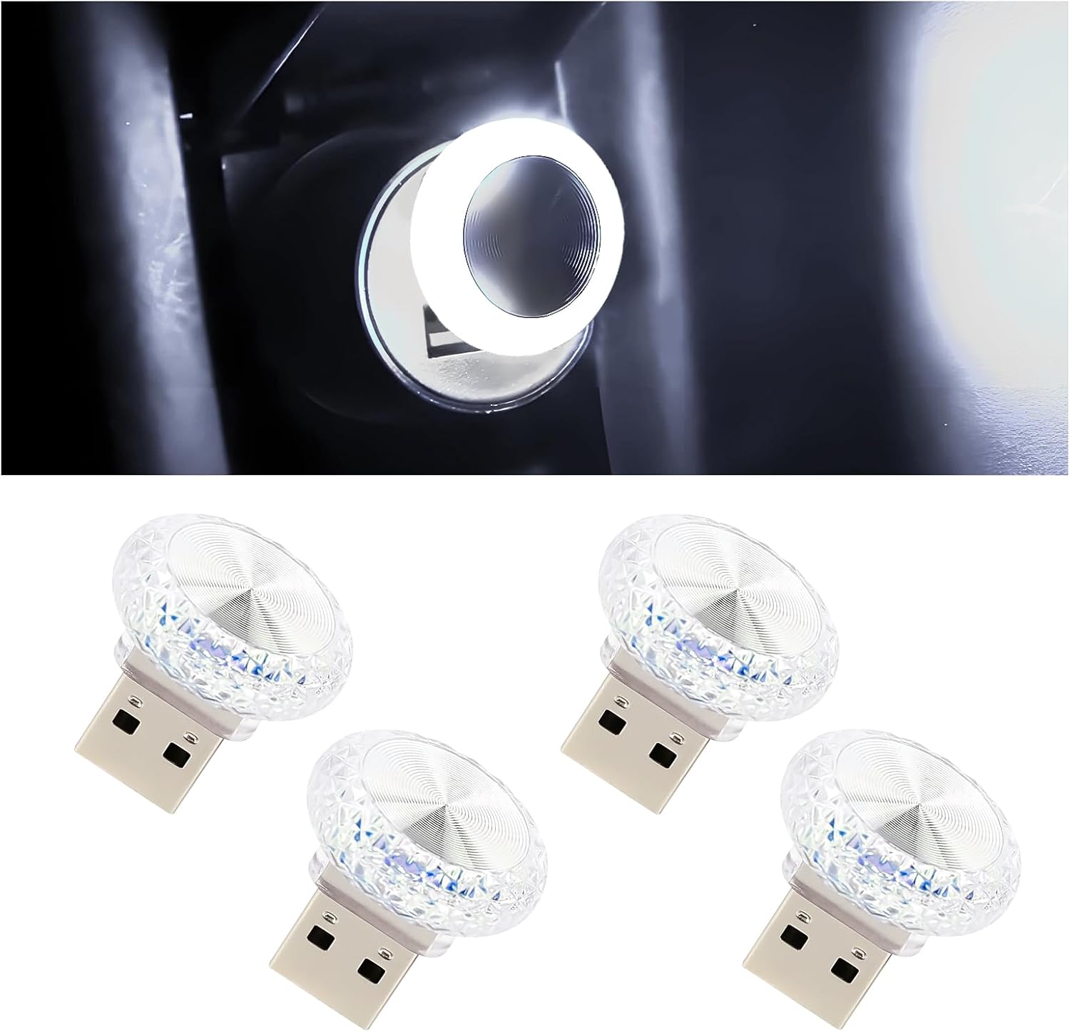 Hovom 4PCS Mini USB LED Car Interior Atmosphere Lamp for Decor, White