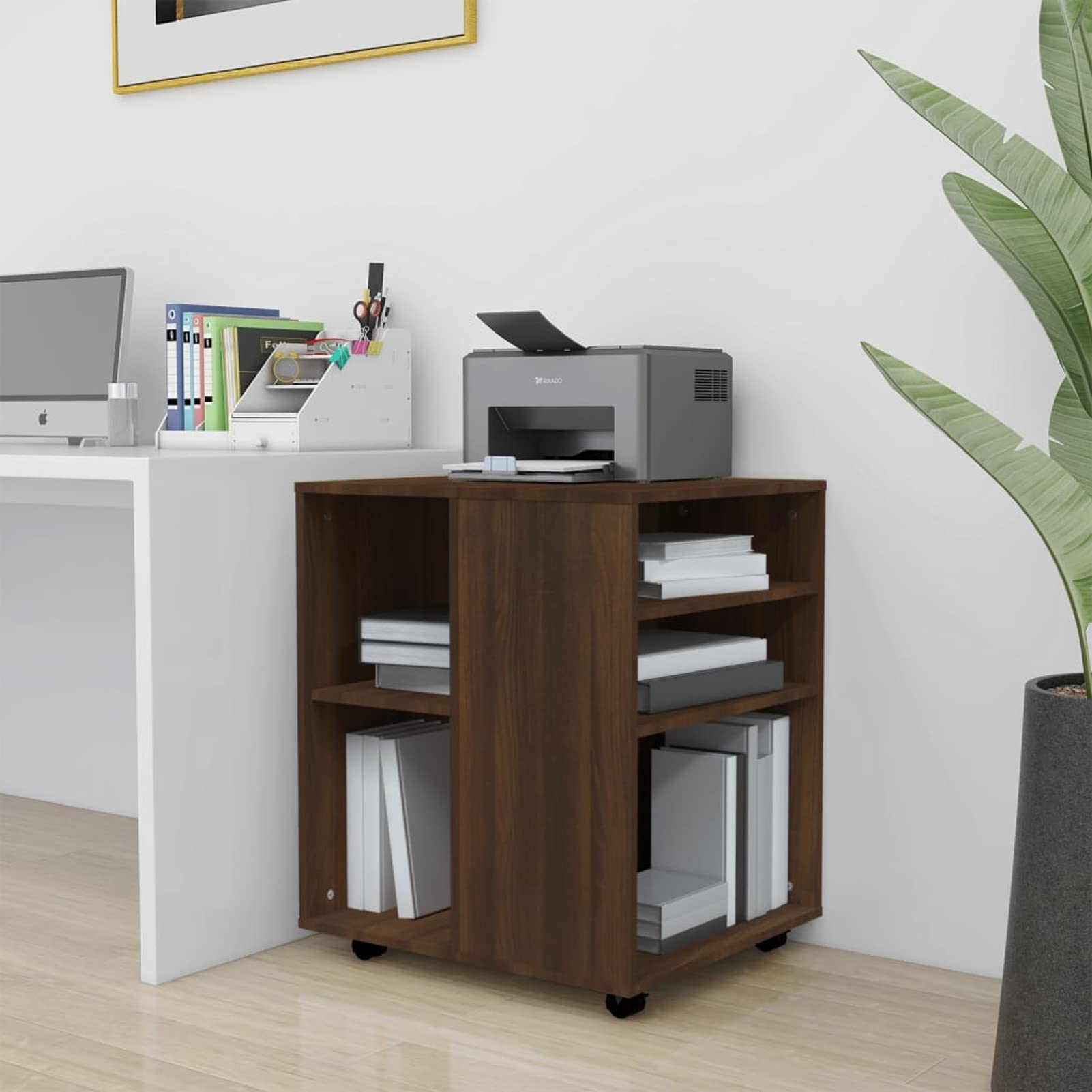 Armadietto con Ruote Rovere Marrone 60x53x72 cm in Legno,Carrello Porta Stampante, Mobiletto con Ruote, Supporto per Stampante in Legno, Classificatore per Documenti per Studio, Ufficio