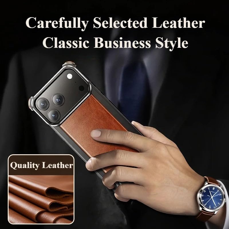 Image of Luxury Magnetic Leather Phone Case Compatible with iPhone 17 Pro Max with Hidden Stand | Frameless Aluminum Alloy Bumper | Shockproof Cover - Black