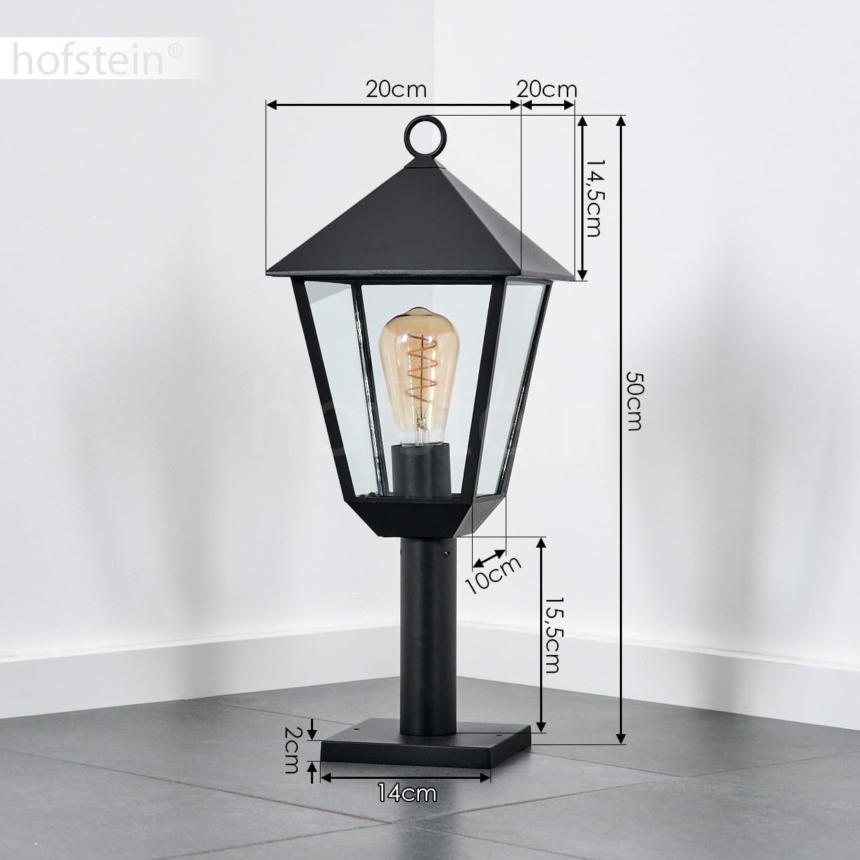 HOFSTEIN Lampa zewnętrzna Anfei, lampa cokołowa z metalu/szkła w kolorze czarnym/przezroczystym, oświetlenie ścieżki w stylu antycznym, wysokość 50 cm, oświetlenie ogrodowe IP44, 1 x E27, bez żarówki