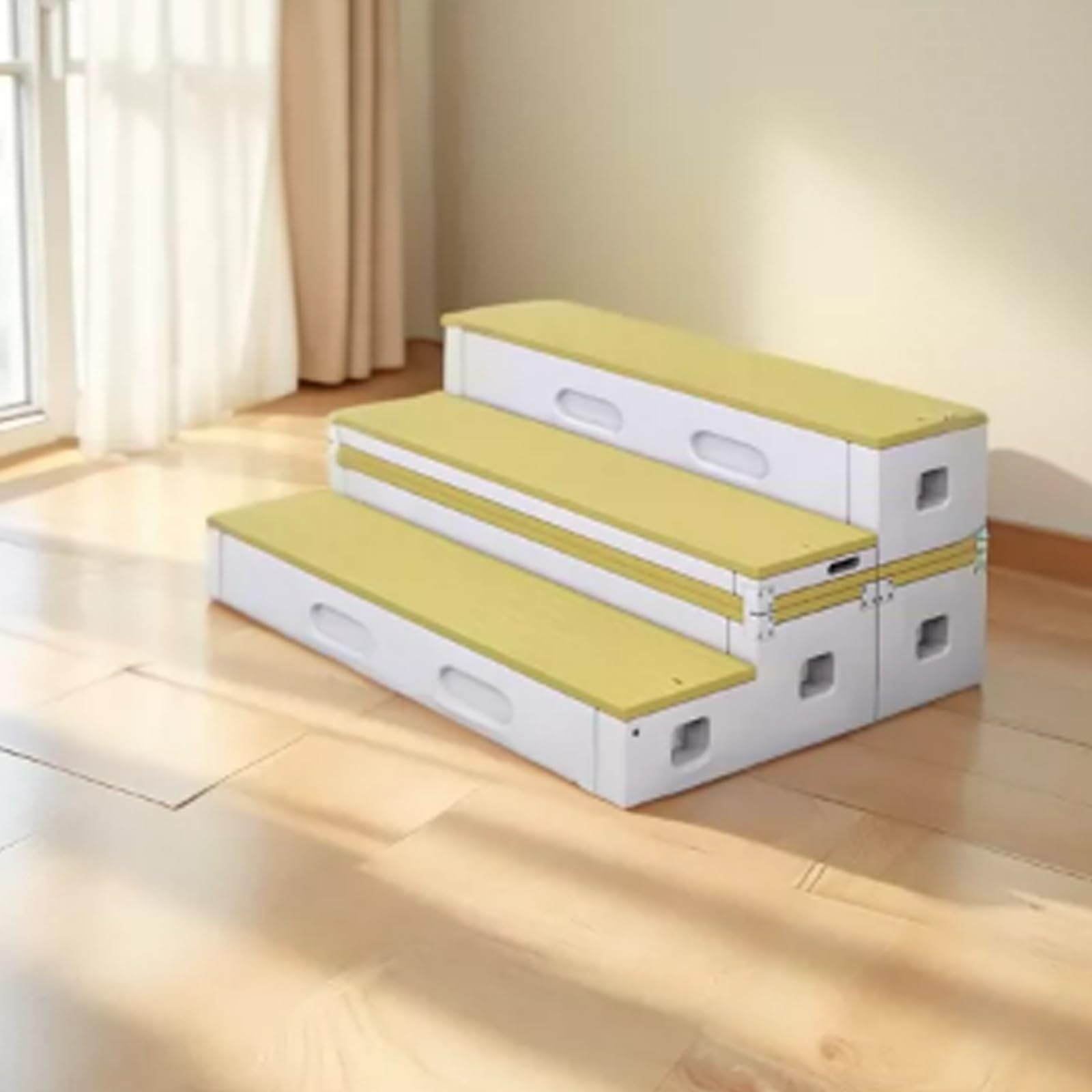 New Mobile Flip-Folding Steps, School Music Classroom Three-Tier Dance,Foldable Movable Staircase Step Risers,PE Plastic Choir Stage(Yellow)