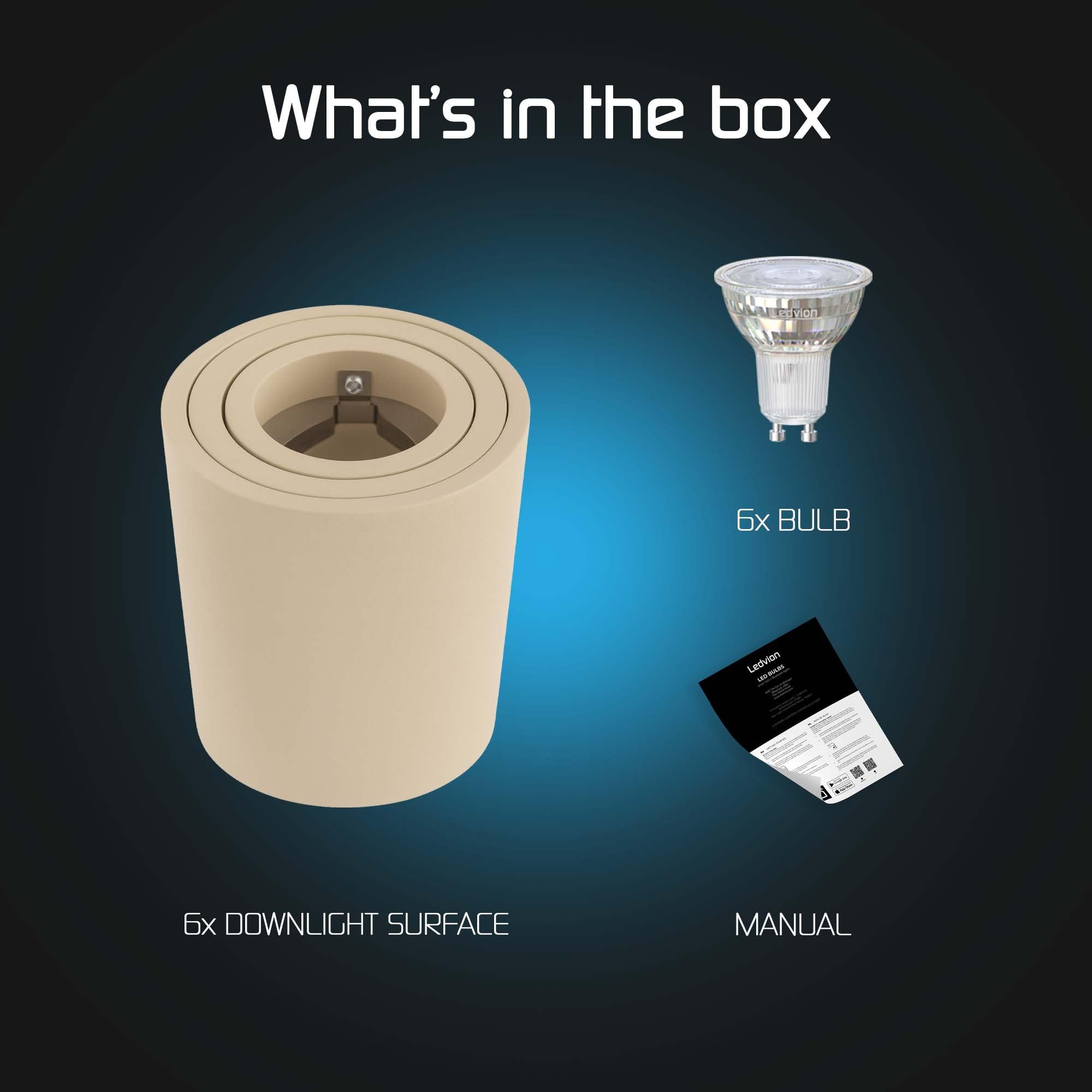 Ledvion 6er Set LED Aufbauspot Beige Rund 3W Warmweiss | mit Leuchtmittel geliefert; fuer Decke Flur Kueche und Wohnraum