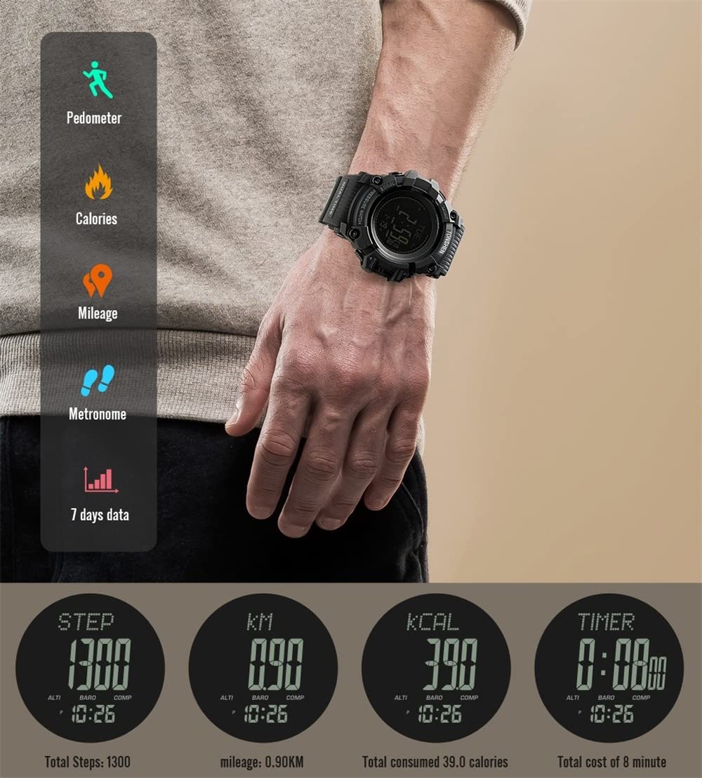 TONSHEN Męski duży cyferblat outdoorowy sportowy cyfrowy kompasowy zegarek plastikowa obudowa z gumową taśmą LED elektroniczny wielofunkcyjny termometr wysokościomierz krokomierz kalorie podwójne