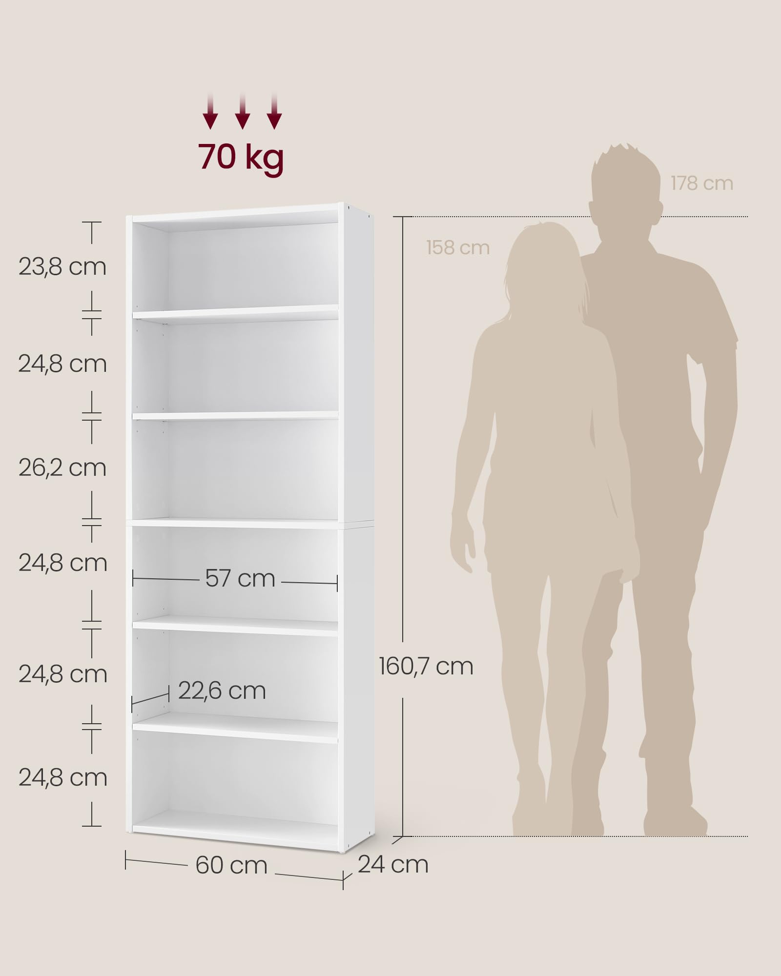 VASAGLE Custos Kollektion - Bücherregal 6 Ebenen, Standregal, Aufbewahrungsregal, verstellbare Einlegeböden, für Wohnzimmer, Homeoffice, Schlafzimmer, wolkenweiß LBC166T14