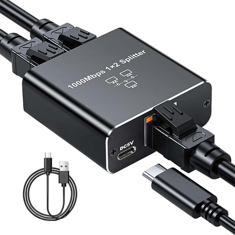Ethernet Splitter 1 to 2 High Speed 1000Mbps, Gigabit Ethernet Splitter, LAN Splitter with USB Power Cable, RJ45 Internet Splitter Adapter for Cat5/5e/6/7/8 Cable, 2 Devices Simultaneously Networking