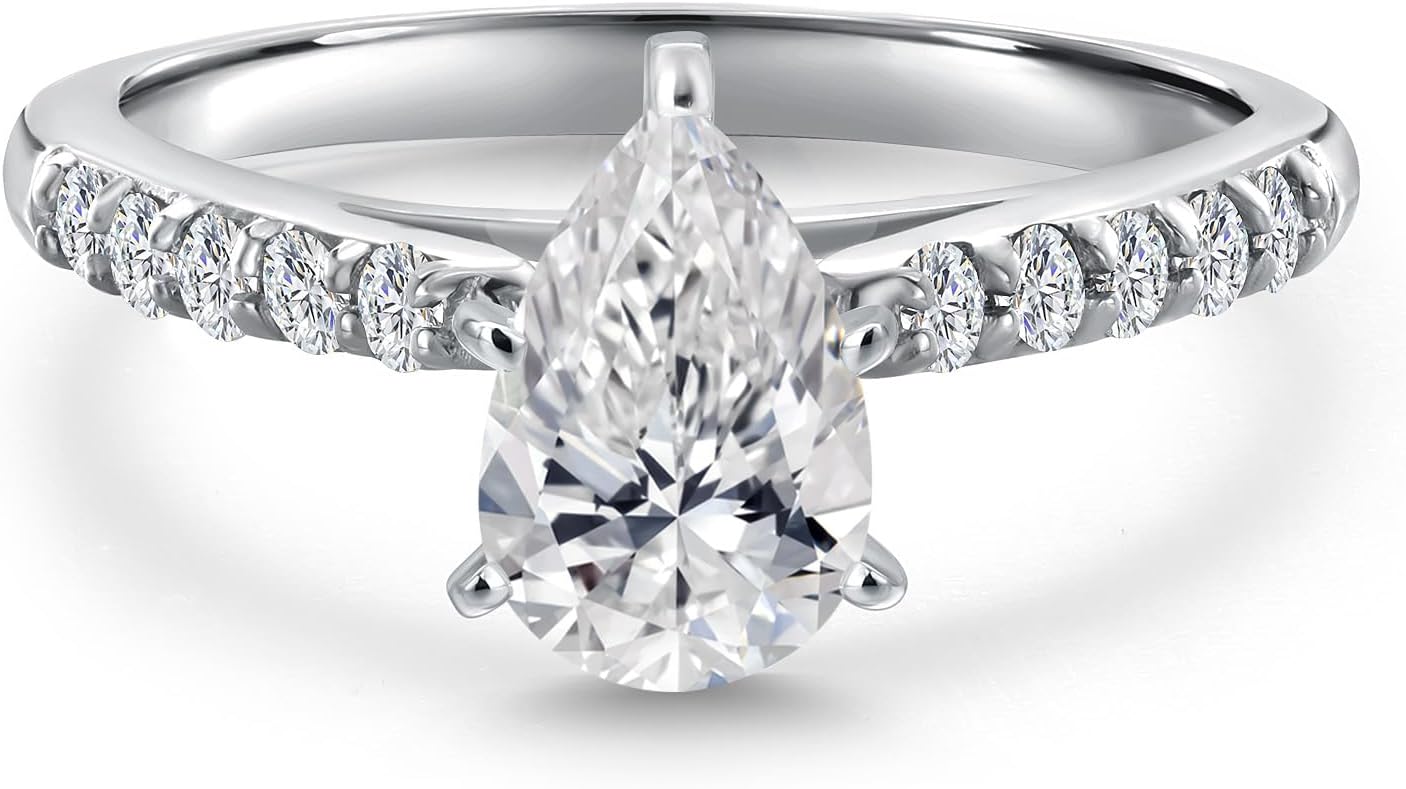 Gem Stone King 10K White Gold 8X5MM Pear Shape Gemstone Birthstone and Lab Grown Diamond Engagement Ring For Women | Wedding Anniversary Promise Gold Ring | Available in Size 5 to 9 - Image 3