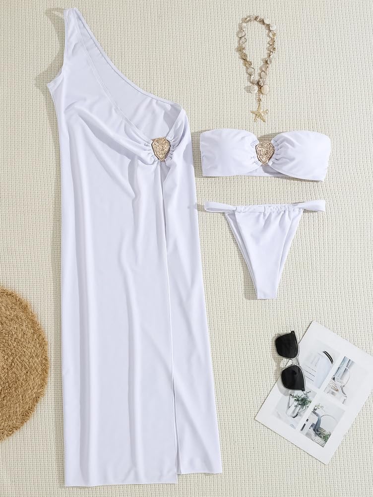 Donna 3 Pz Costume Da Bagno Fascia Top Perizoma Bikini Set Costume Da Bagno Asimmetrico con Una Spalla Cover Up