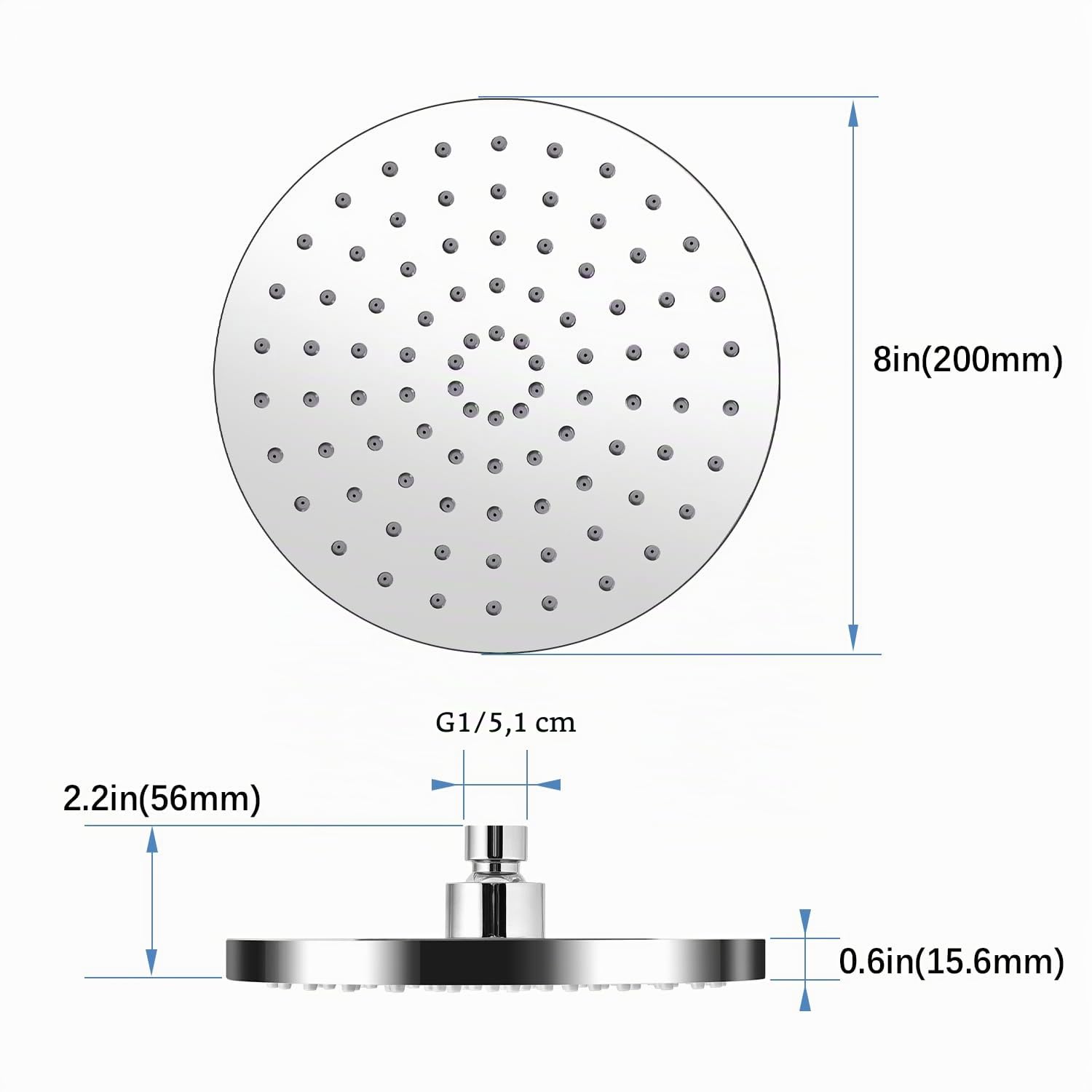 Alcachofa de ducha redonda de 20cm con efecto lluvia, ajustable, ahorro de agua con boquillas antical, cabezal de ducha de cascada de acero inoxidable, diámetro de 20 cm, Plata