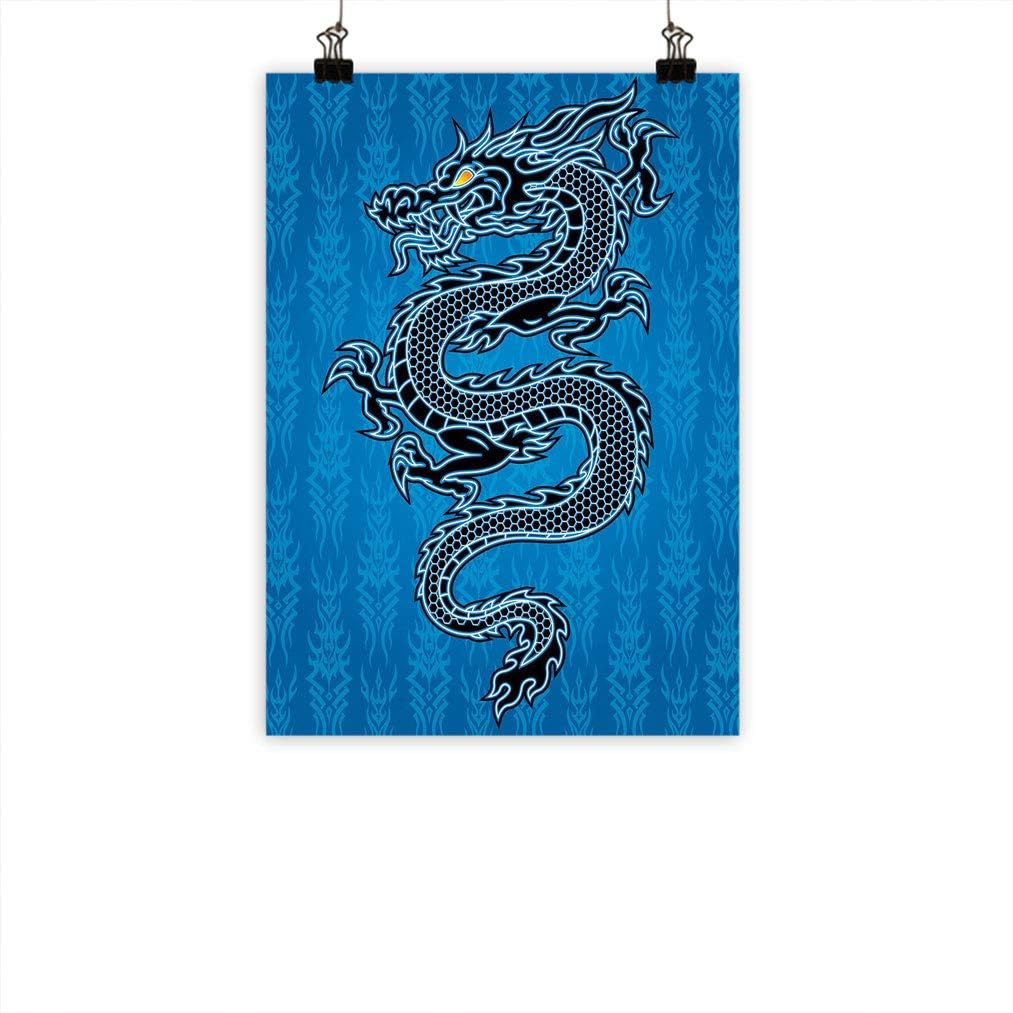 Japanese Dragon Wall Art Oil Painting, Black Dragon on Blue Tribal