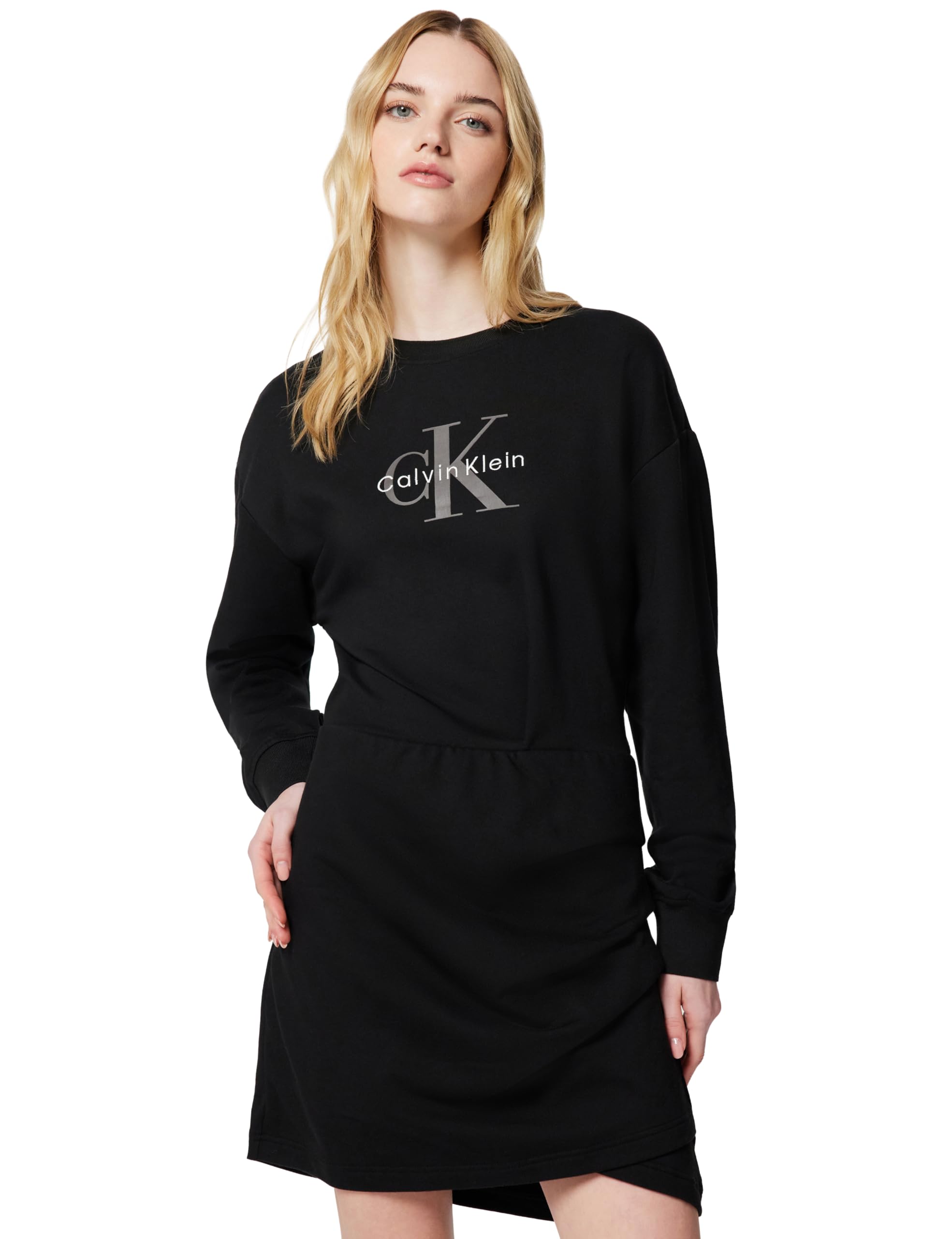Calvin Klein Women's LS MONOLOGO Terry Crew Fashion D LV047E224G Dresses, Black (Black), XS