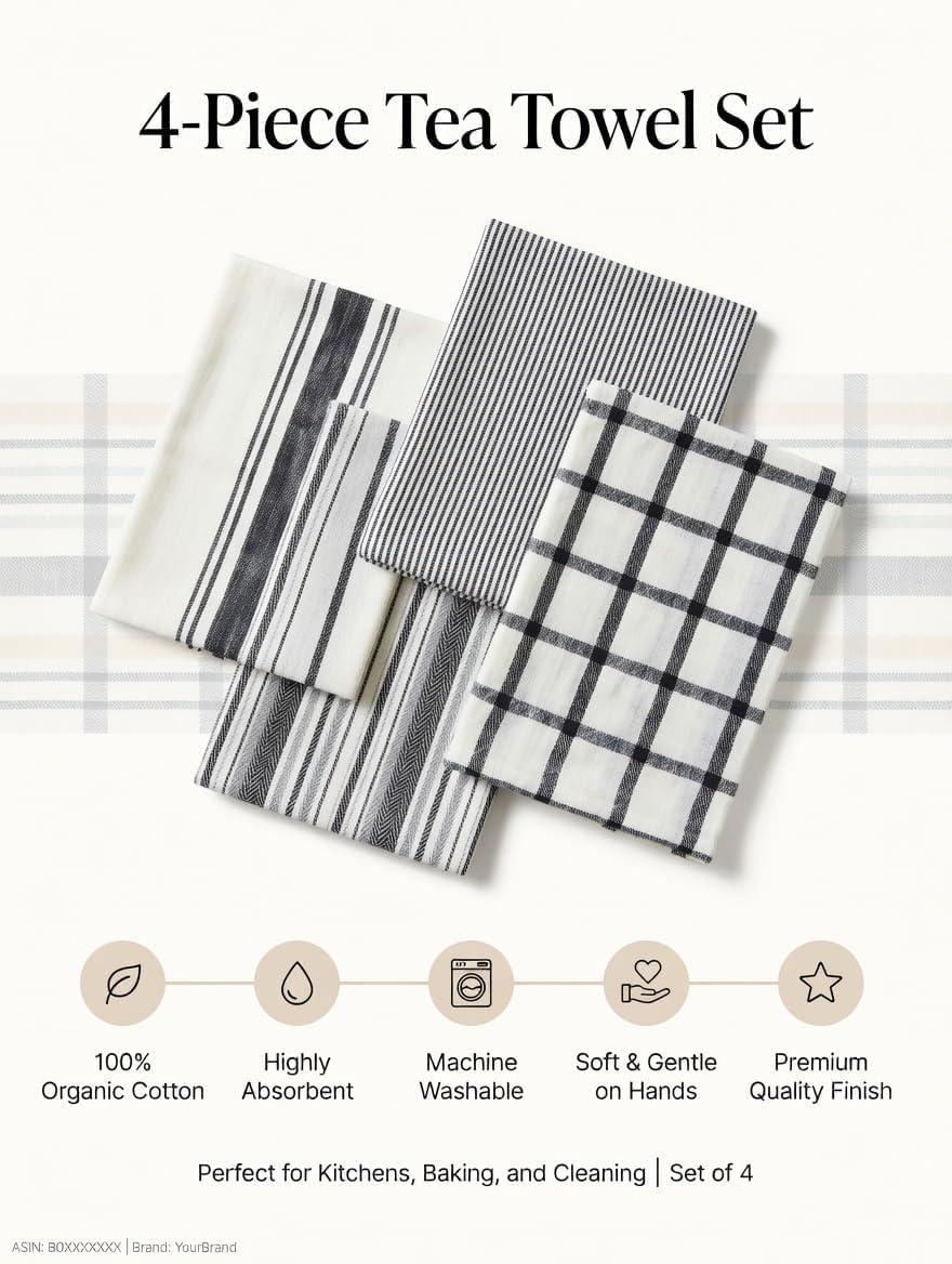 Elfranso Tea Towels, Set of 4, Grey & White