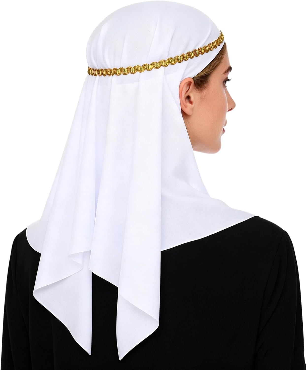 Gold Braided Head Wrap for Women - Pearl Scarf Muslim Hijab Chiffon Shawl Islamic Caps