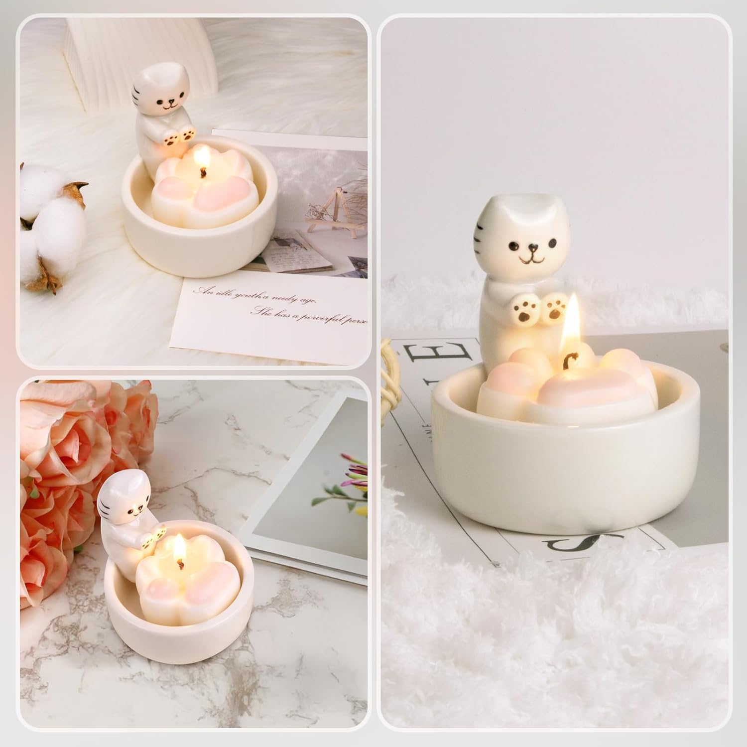 Portavelas de gatito con 4 velas de té de pata de gato, regalos de cerámica para decoración del hogar, regalos para amantes de los gatos para mujeres
