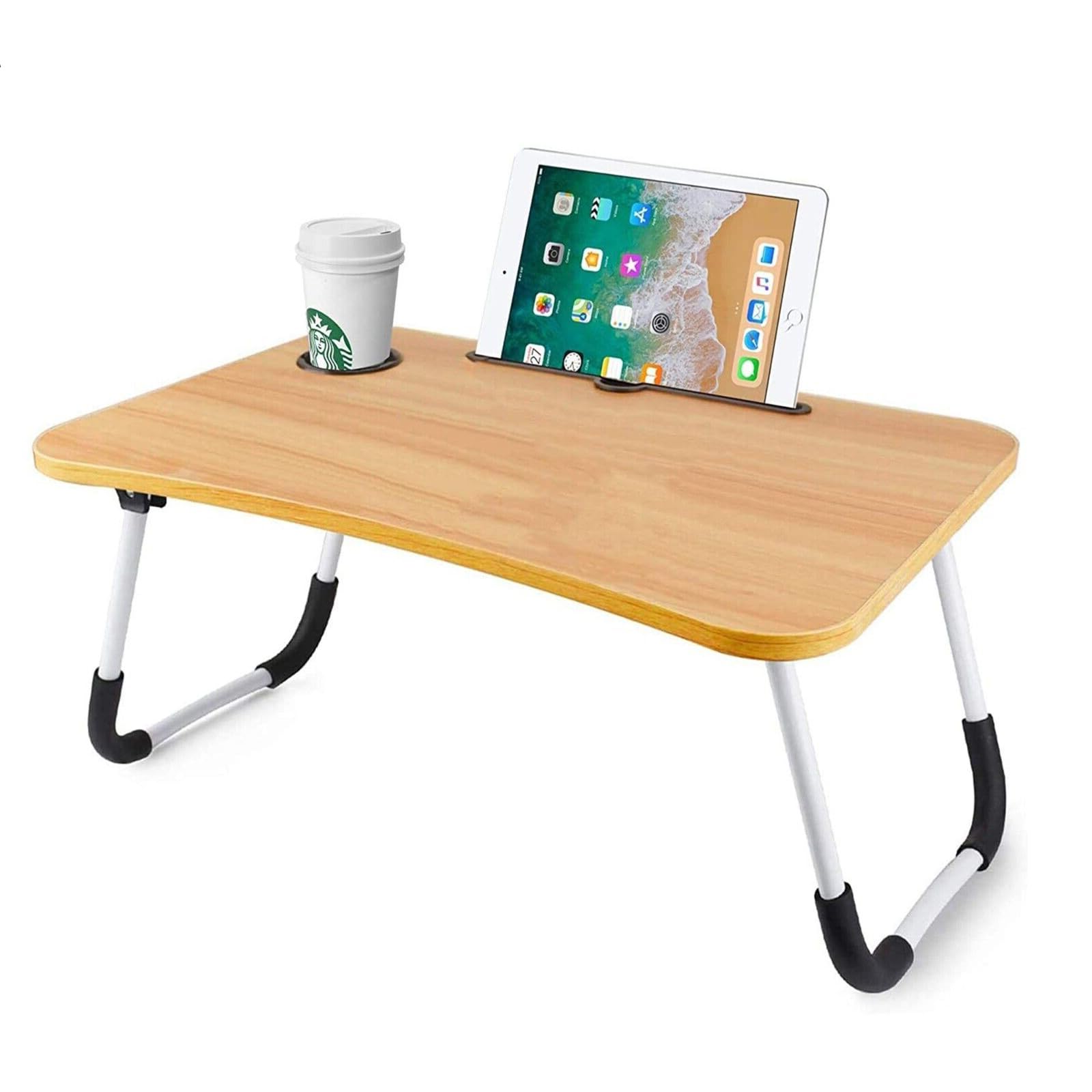 Ntek Walnut Laptop Desk, Laptop Bed Table With Foldable Legs & Cup Slot, Tablet Holder, Breakfast Tray, Portable Lap Desk For Sofa, Bed, Couch, Reading & Writing, Watching Movies (Walnut)