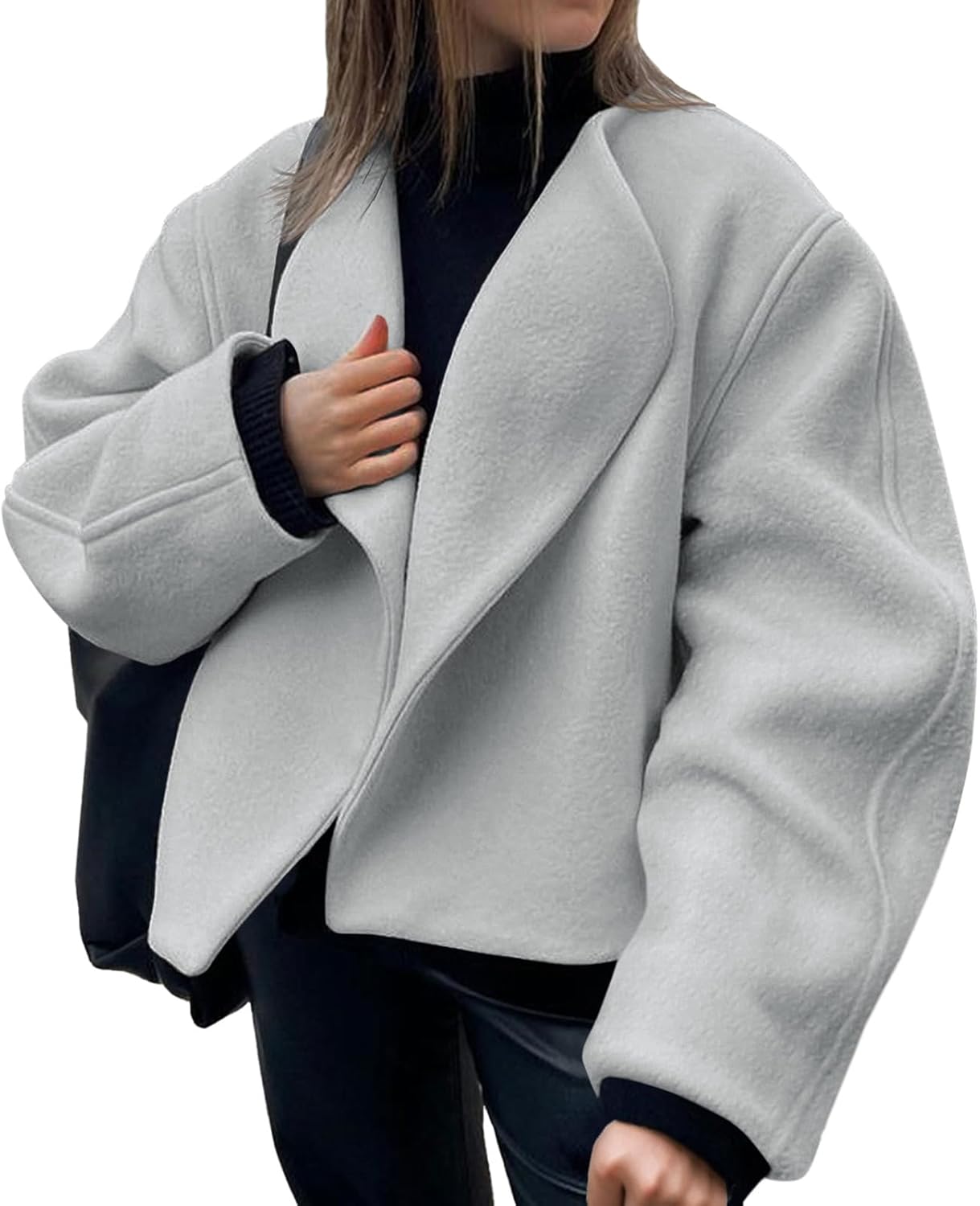 Tankaneo Womens Oversized Cropped Pea Coat Lapel Open Front Jacket Winter Short Outerwear