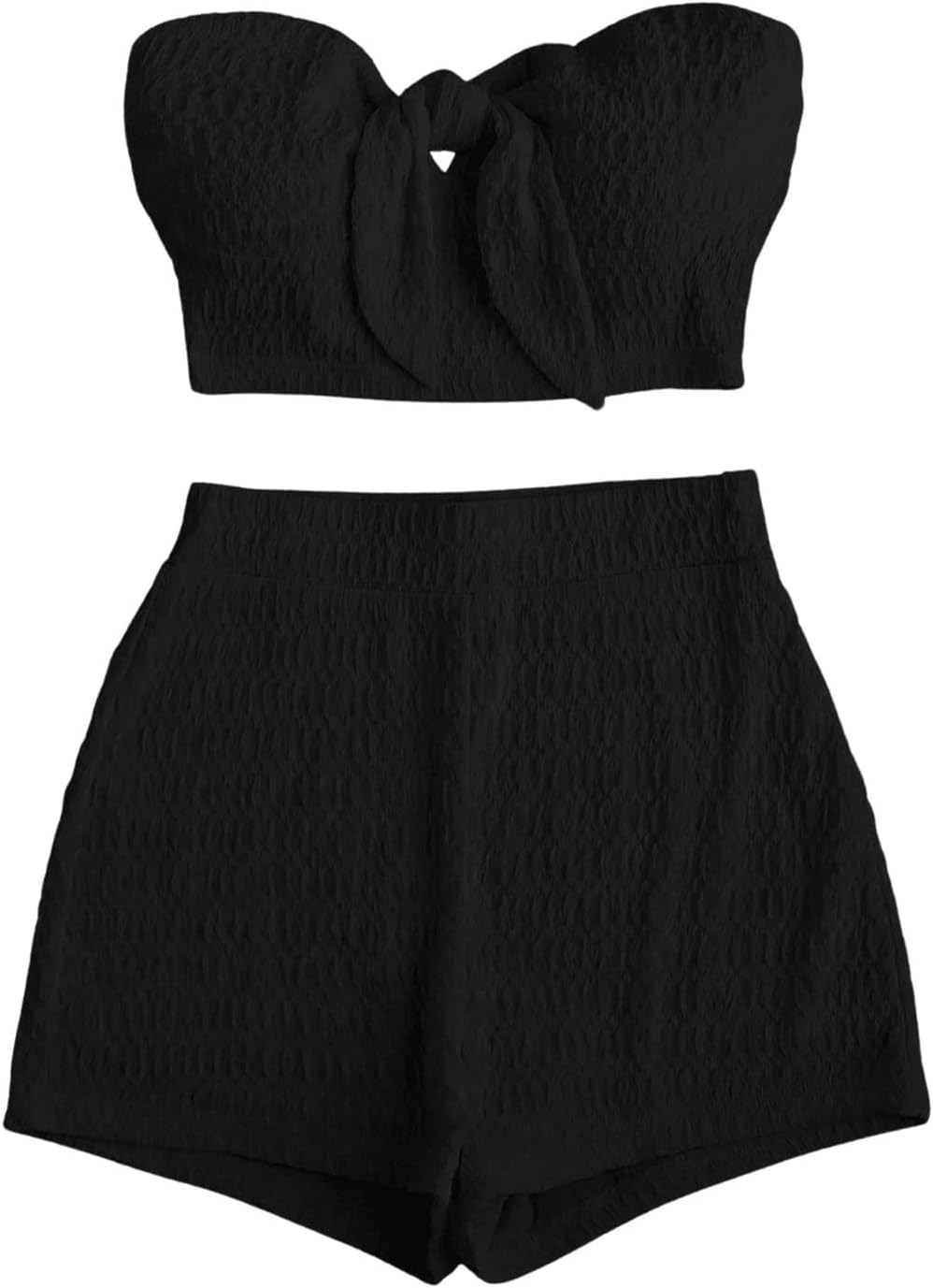 Floerns Women's 2 Piece Outfits Summer Tie Front Strapless Crop Top and High Waist Textured Shorts Set