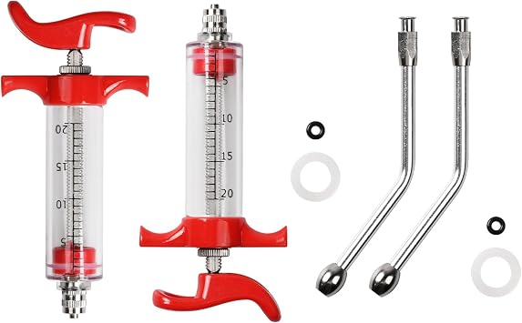 2Pcs 20ML Reusable Syringe for Goat,Goats Syringe with Adjustable Dosage Detachable Function,Syringe Drench with Nozzle for Sheep,Pig,Cattle,Dog, Red