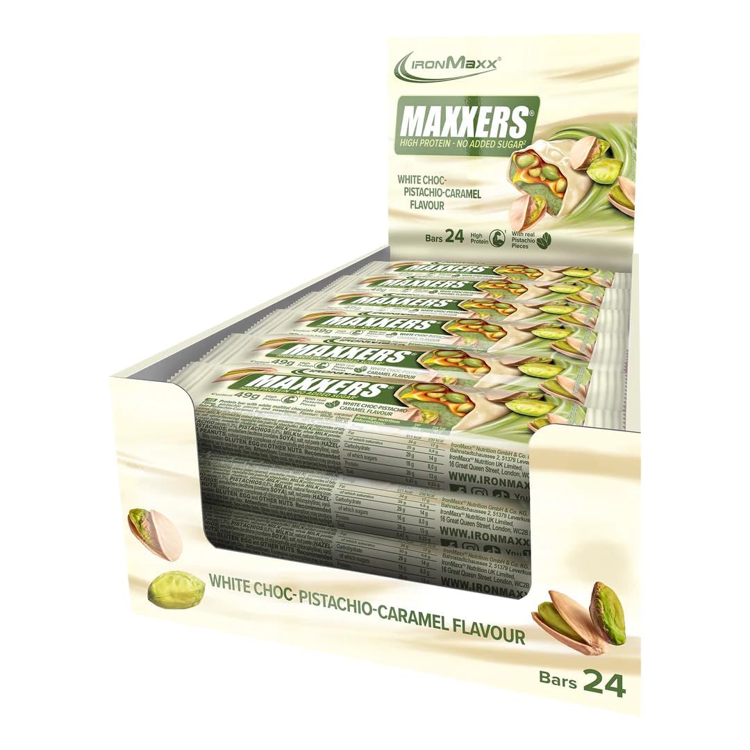 IronMaxx Maxxers Barrita Proteica - White Pistachio 24 x 49 g | Snack Alto en Proteínas con Trozos Reales de Cacahuete | Sin Azúcares Añadidos | Perfecta para Llevar