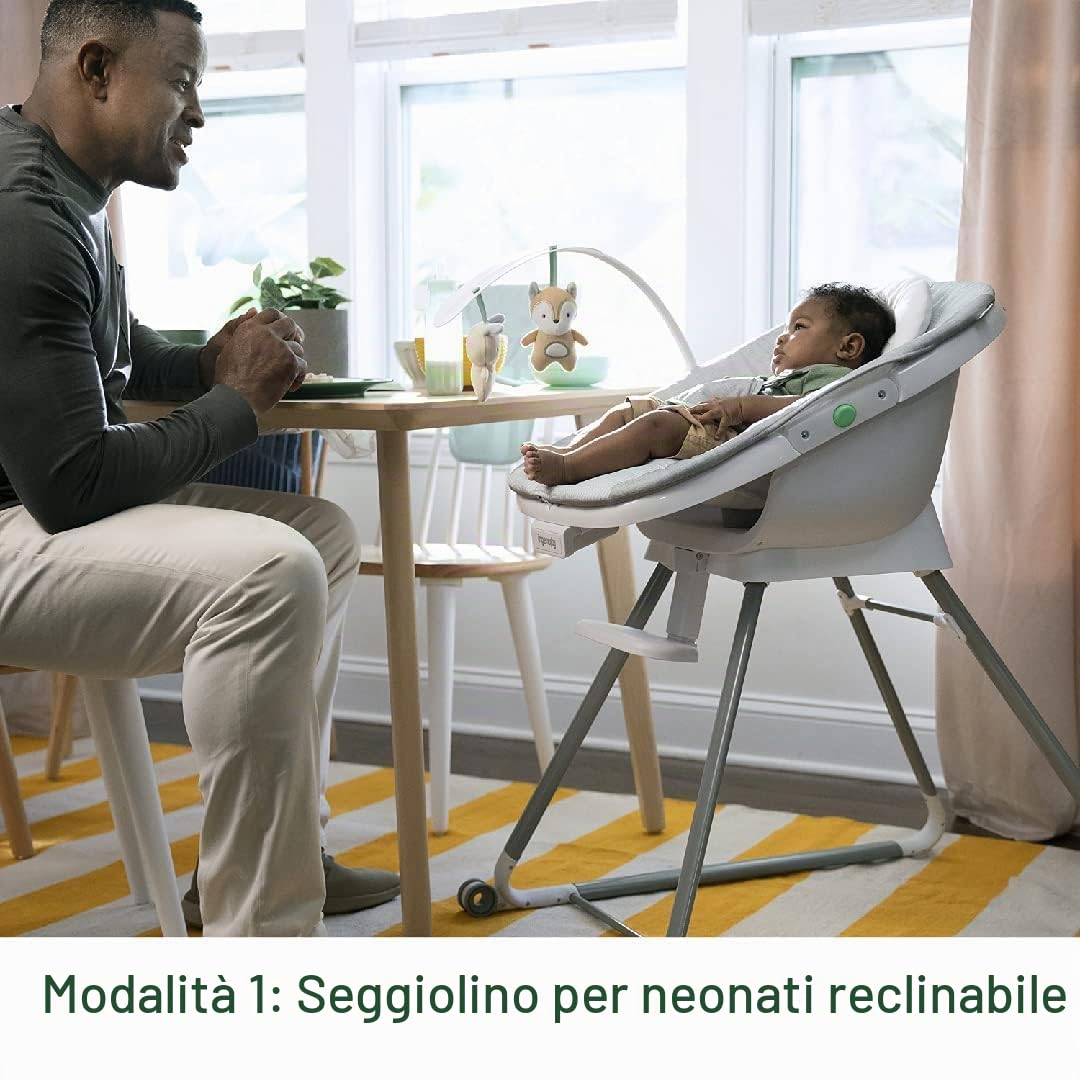 Ingenuity, seggiolone evolutivo Beanstalk 6-in-1, seggiolone alimentazione con vassoio rimovibile e seggiolino di rialzo per bambini con vibrazioni rilassanti e arco di gioco, 0-5 anni, Ray