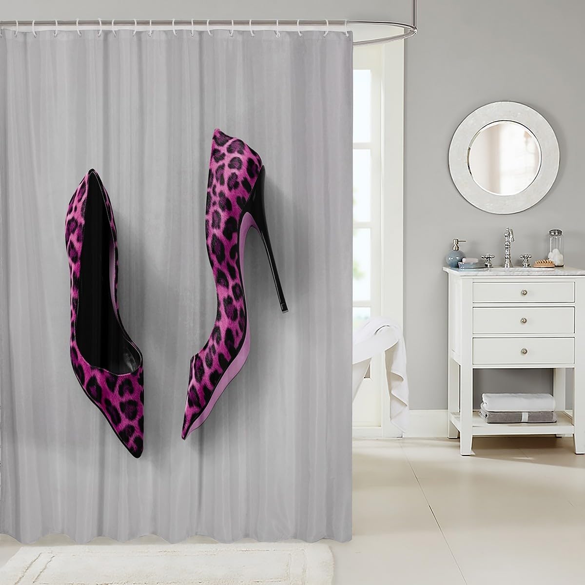jejeloiu Pink Leopard Print Shower Curtain High Heel Bath Curtain for Adult Woman Modern Fashion Bathroom Waterproof Accessories with 12 Hooks Grey Pink Waterproof Polyester,72x72 Inches image 2