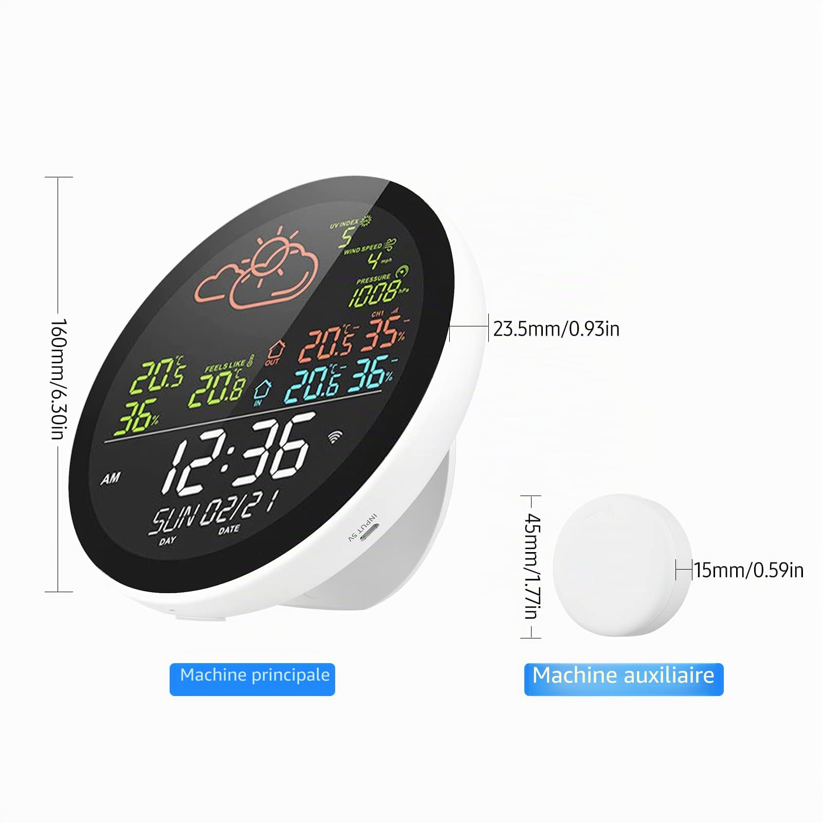 Station météo intelligente Wifi avec horloge - Moniteur de température intérieure et extérieure - Grand écran couleur multifonction - Temp et détecteur de flamme avec 1 capteur
