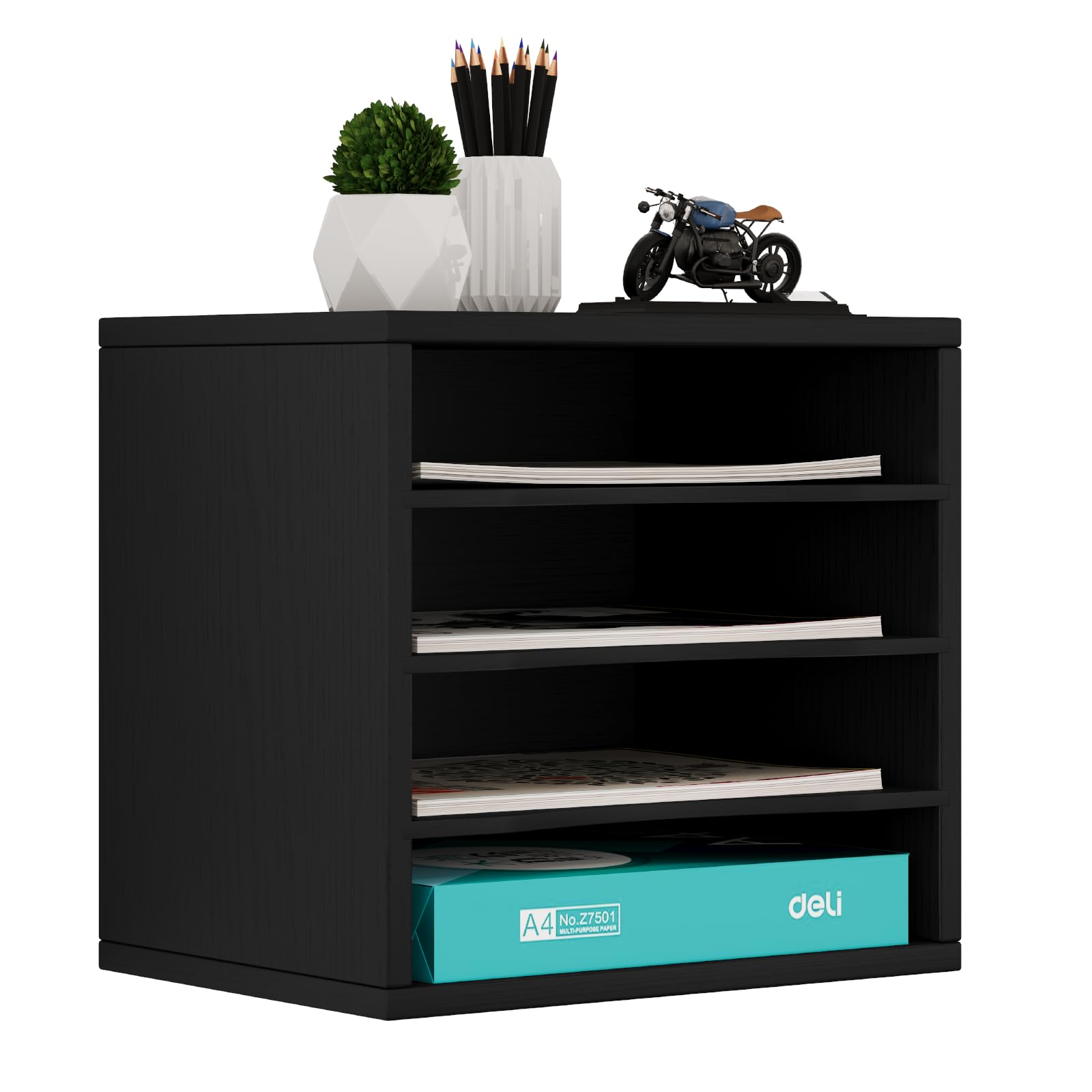 Senhoglb Organizador de escritorio de madera de 4 cajones y accesorios, almacenamiento de papel de regalo, organizador de archivos para escritorio con estante ajustable, clasificadores de archivos,