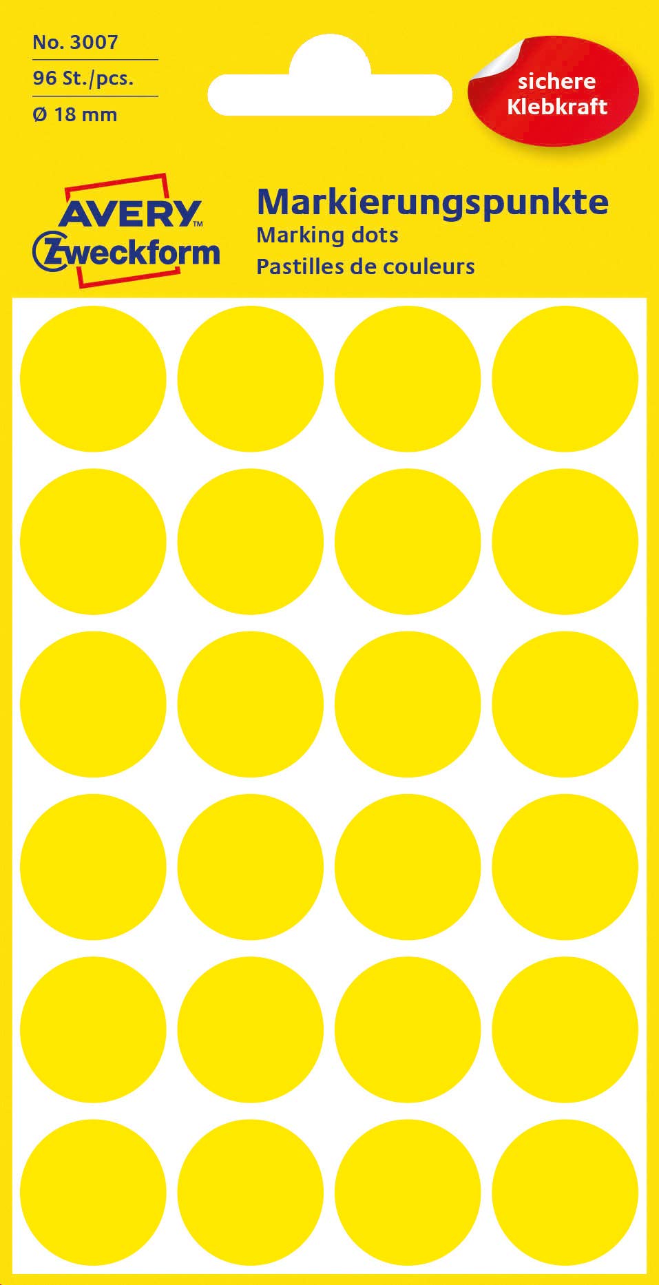 Avery Zweckform3007 Self-Adhesive Marking Dots, 96 Pieces (Ø18mm), Yellow Dot Stickers for Colour Coding, Calendars, Planners, Crafts, Paper, 4 Sheets