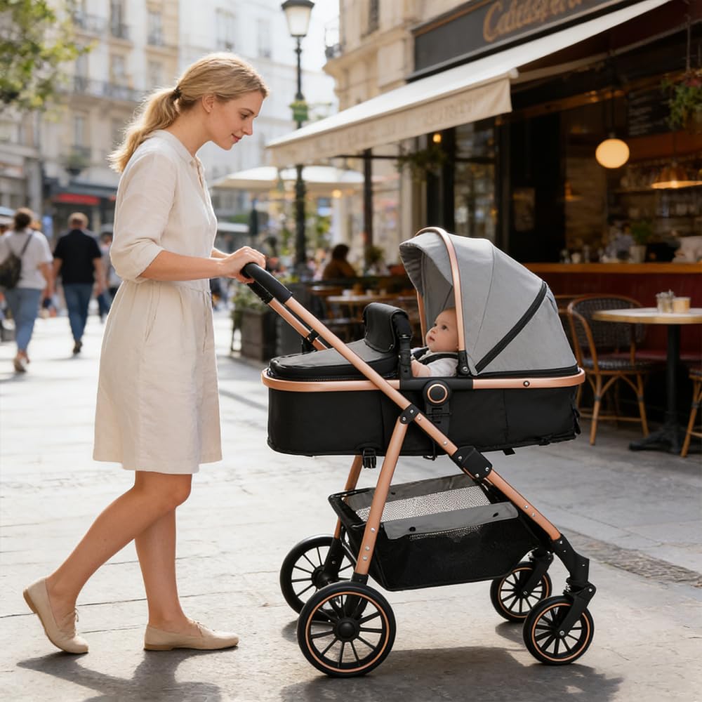 OHMG Poussette 3 en 1 avec Nacelle, Poussette de Voyage's Nacelle est Pliable, Trio Poignée est Réglable, les Roues sont en Matériau PU, pour Enfant de la Naissance à 3 Ans (Gris)