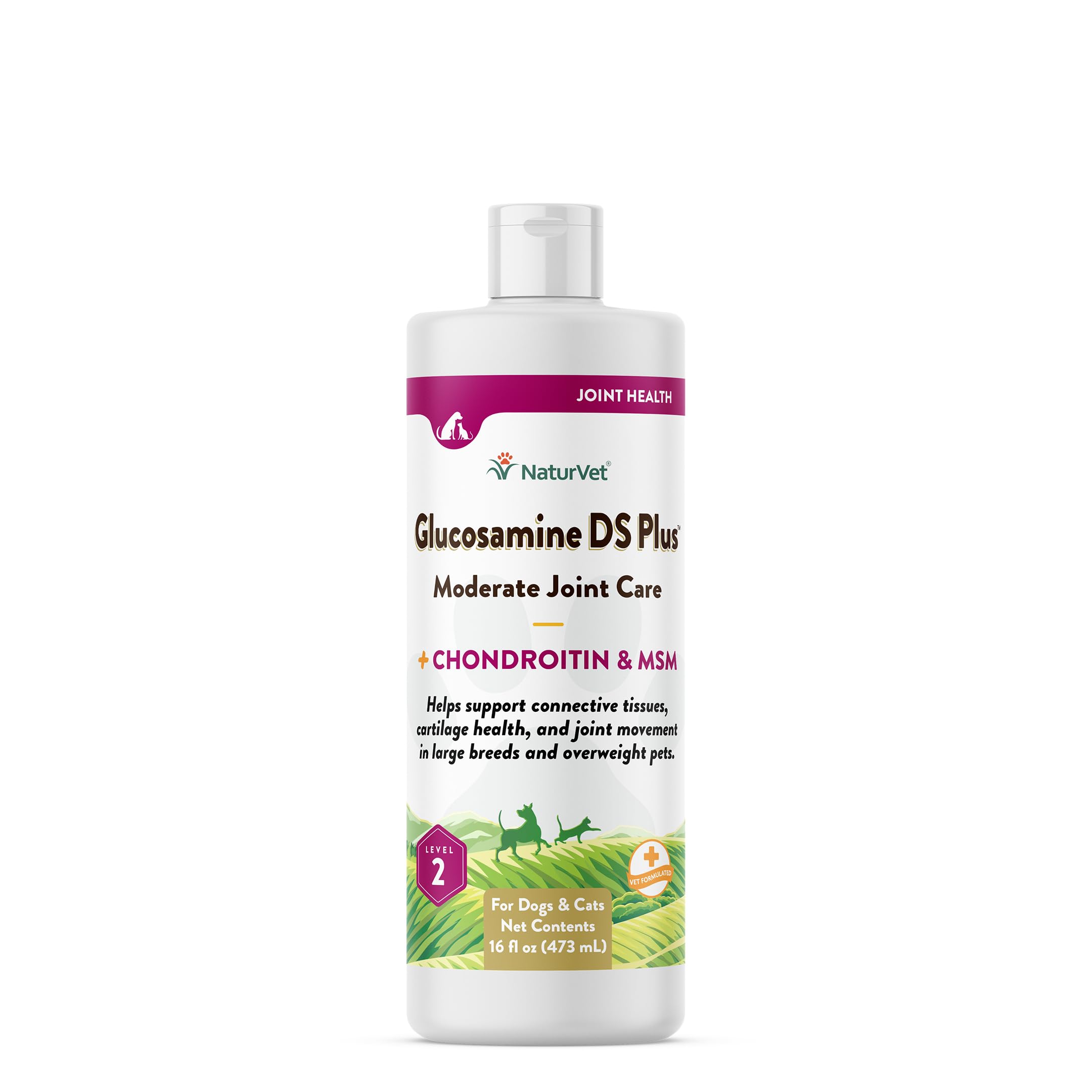 NaturVet Glucosamine DS Plus Hip & Joint Support Liquid Pet Supplement – Level 2 Moderate Care for Dogs & Cats – Includes Glucosamine, MSM, Chondroitin – 16 Oz