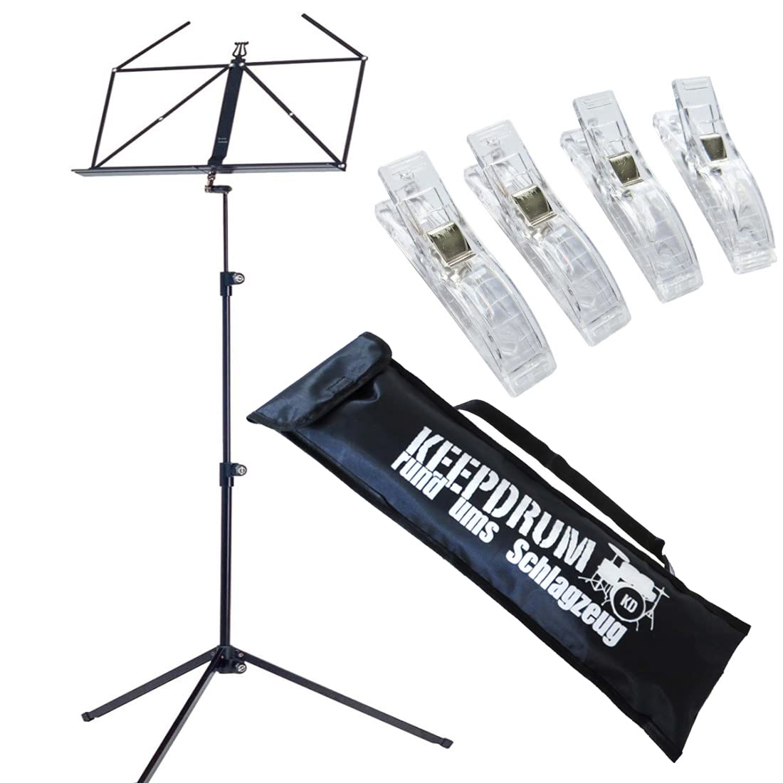 K&M 100/1 Pupitre noir + sac Keepdrum + 4 pinces pour partitions