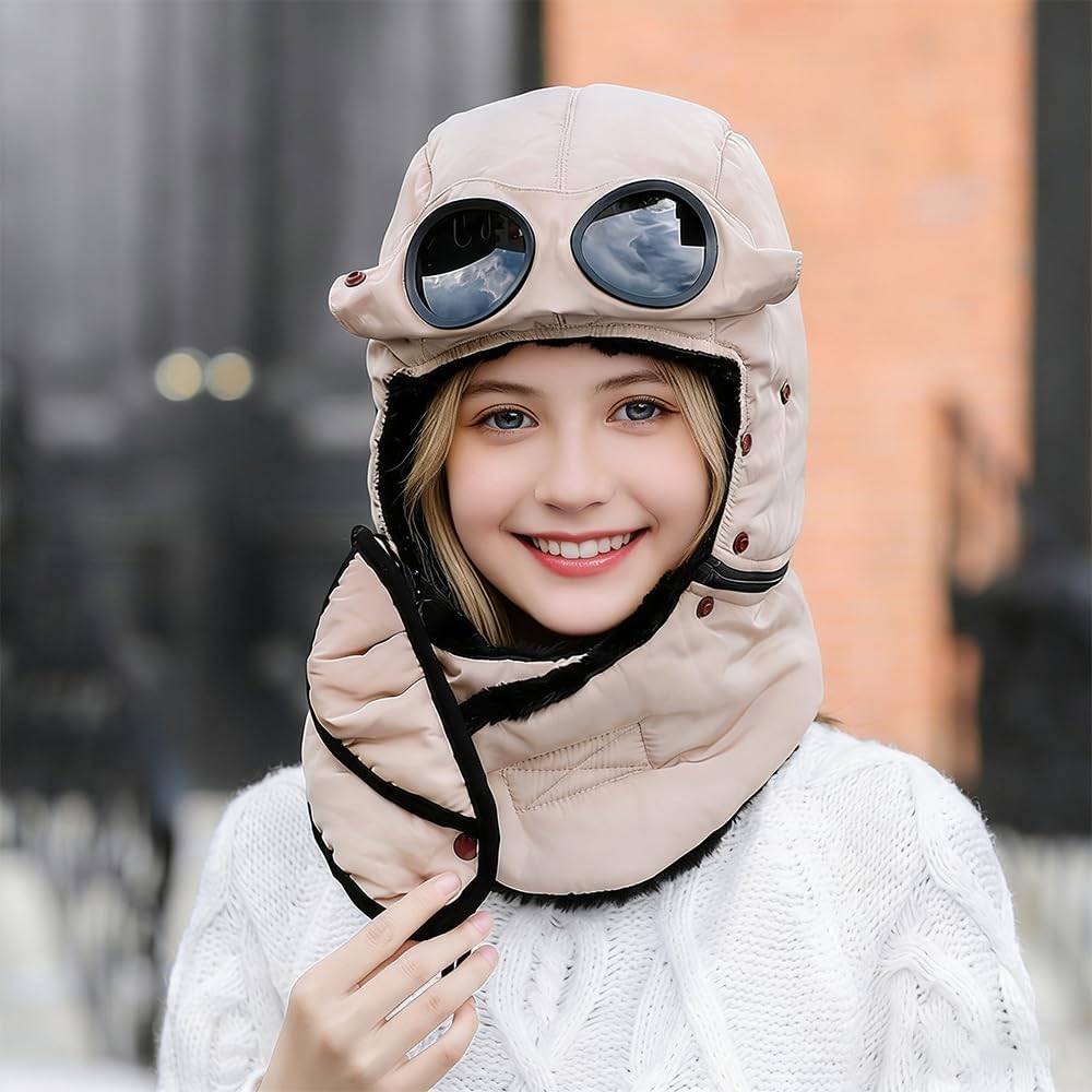 Winter Thermal Hat with Glasses,Winter Cycling Windproof Ski Mask Cap,for Outdoor Hiking,Camping