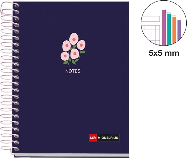 Miquelrius - Cahier A6 petits carreaux 5 mm, 120 feuilles microperforées 4 couleurs multi-matières, papier opaque 70 g/m², couverture carton extra rigide, spirale, Sans perforations, Spring - 2